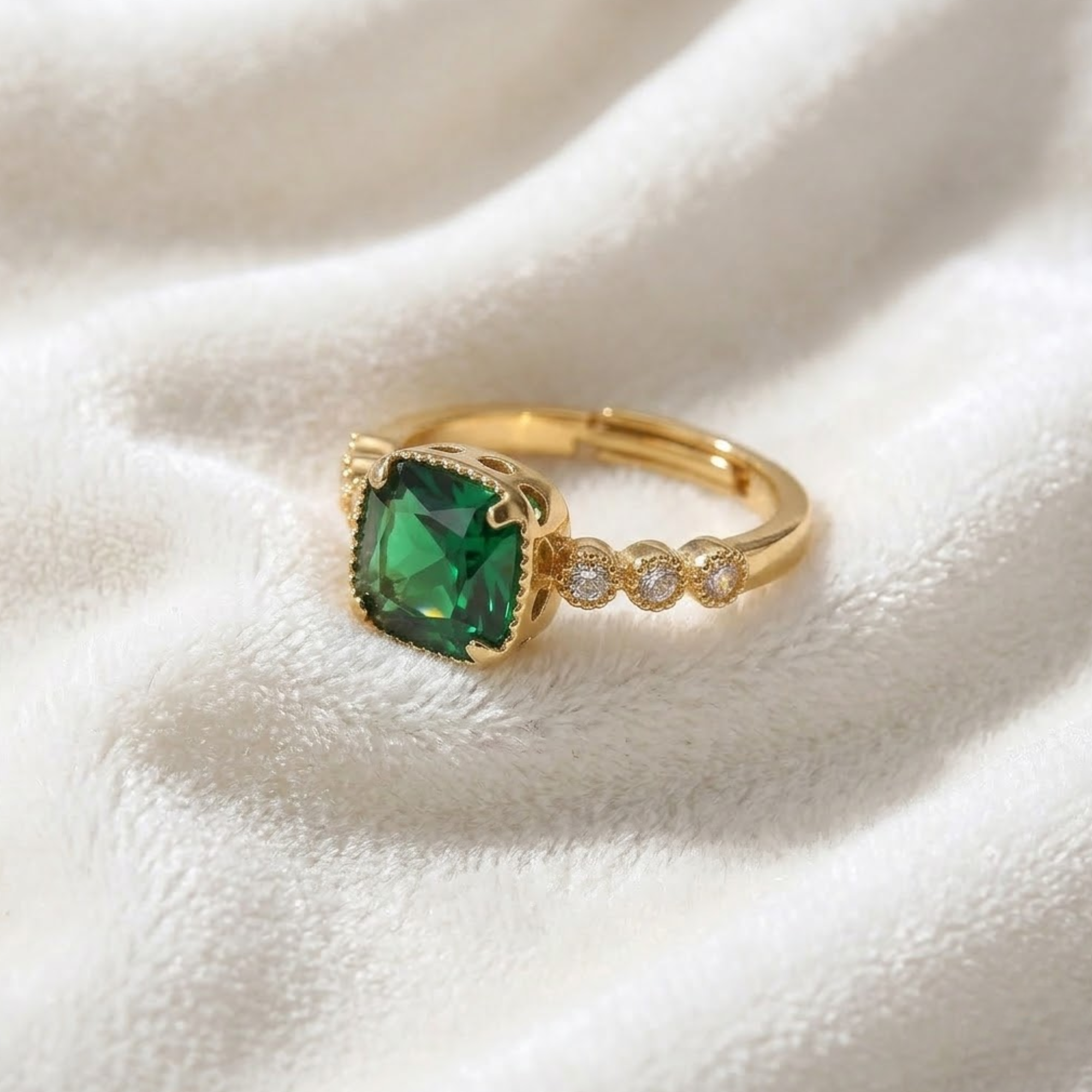 Cushion Cut Emerald Ring with Diamond Accents, 14K Solid Gold Engagement Ring