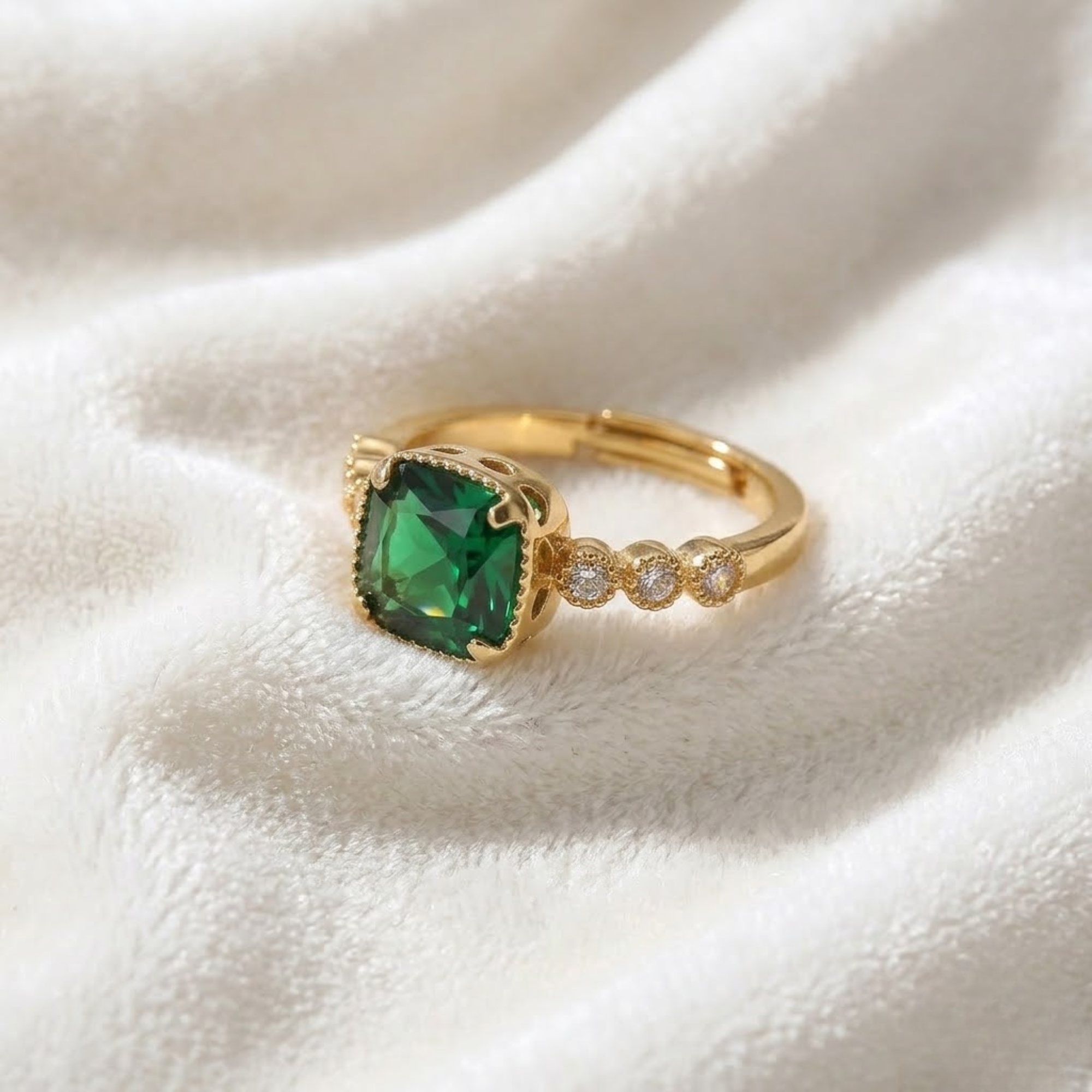 Cushion Cut Emerald Ring with Diamond Accents, 14K Solid Gold Engagement Ring