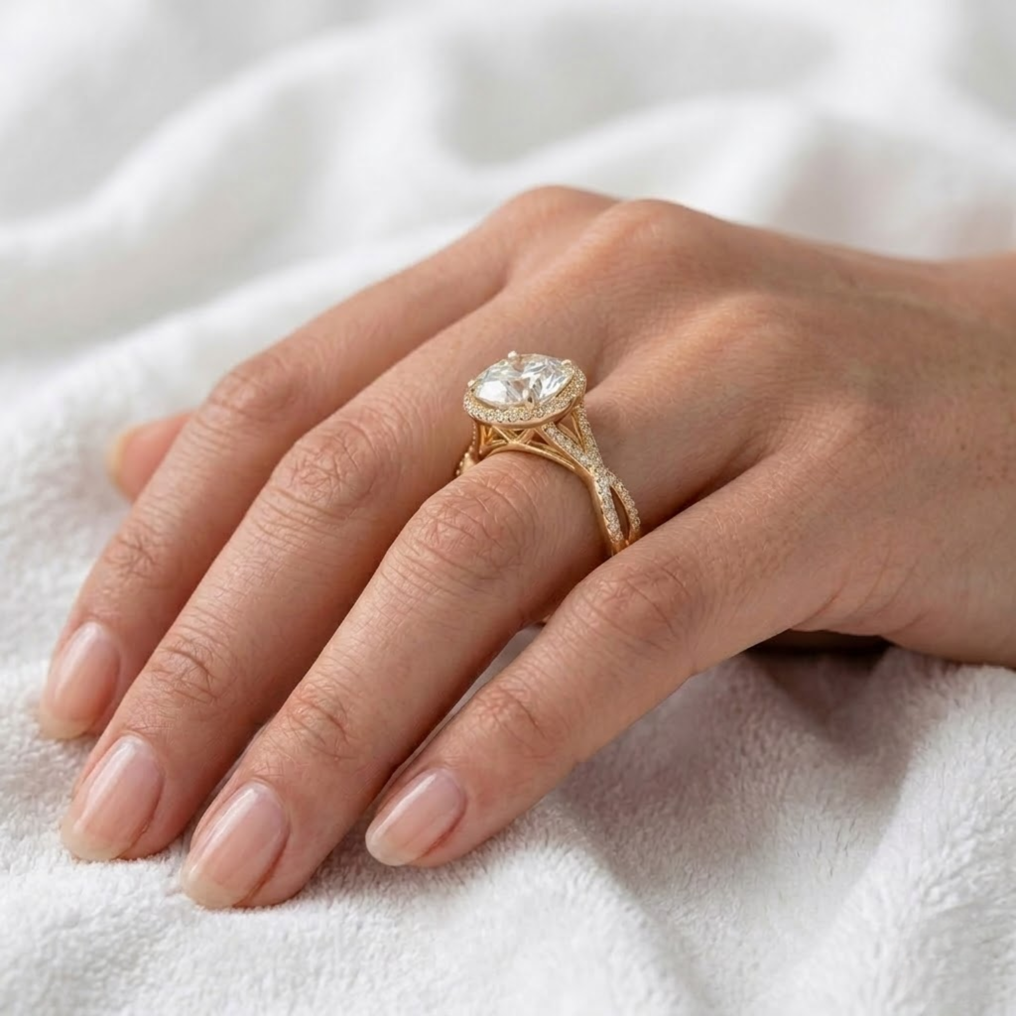 Round Diamond Halo Engagement Ring, Infinity Twist Ring in 14K Solid Gold