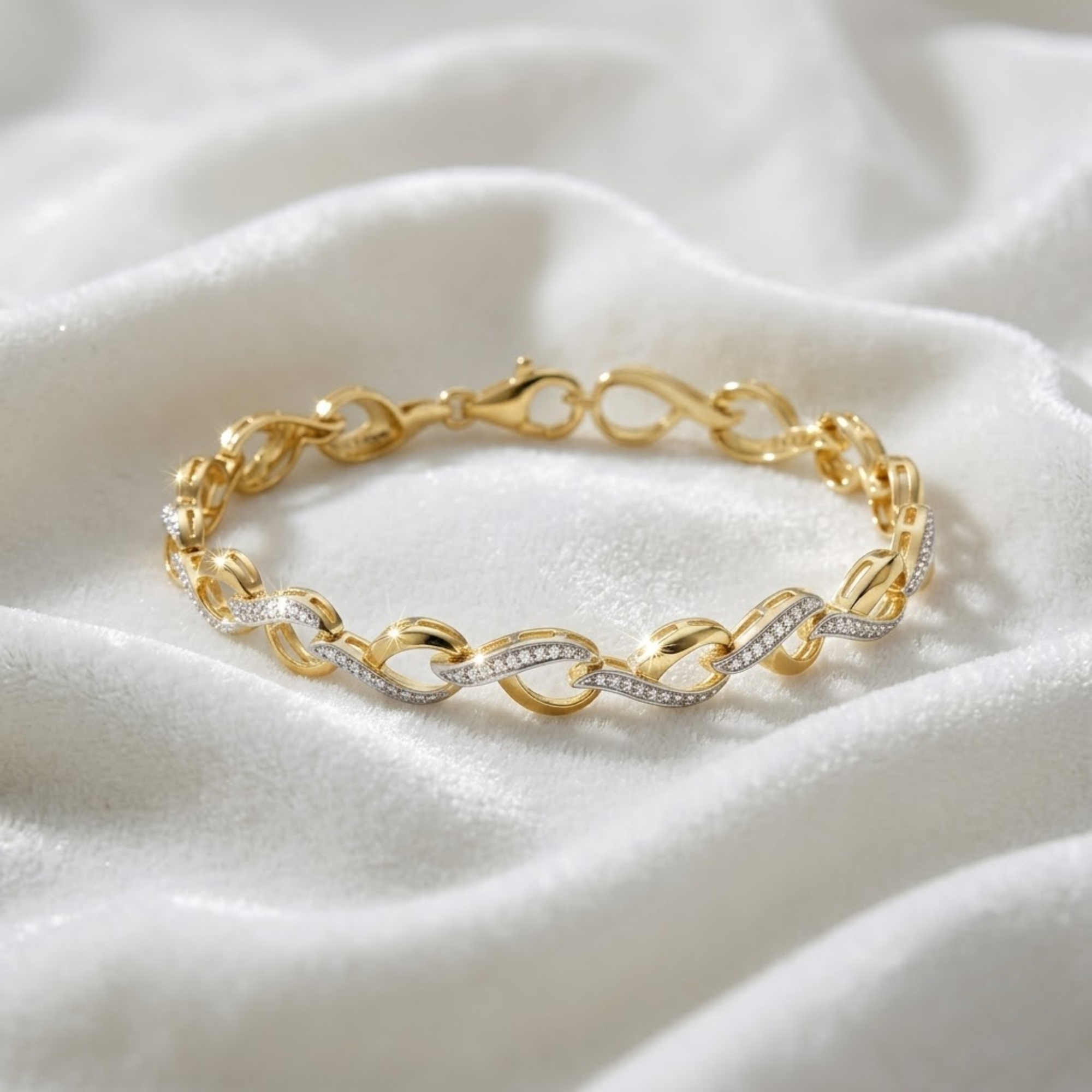 Diamond Infinity Link Bracelet, 14K Solid Gold Chain Bracelet with Pave Diamonds