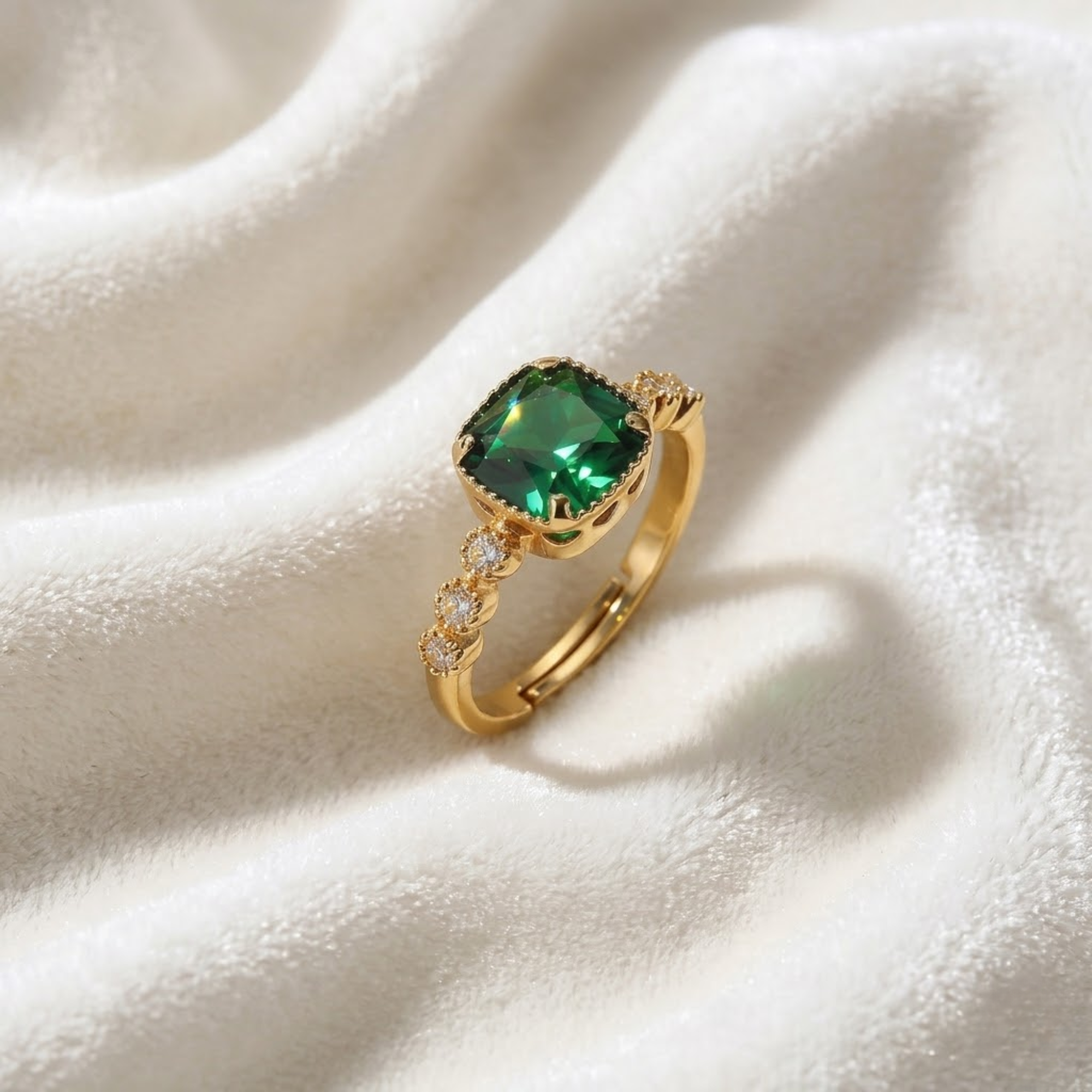 Cushion Cut Emerald Ring with Diamond Accents, 14K Solid Gold Engagement Ring