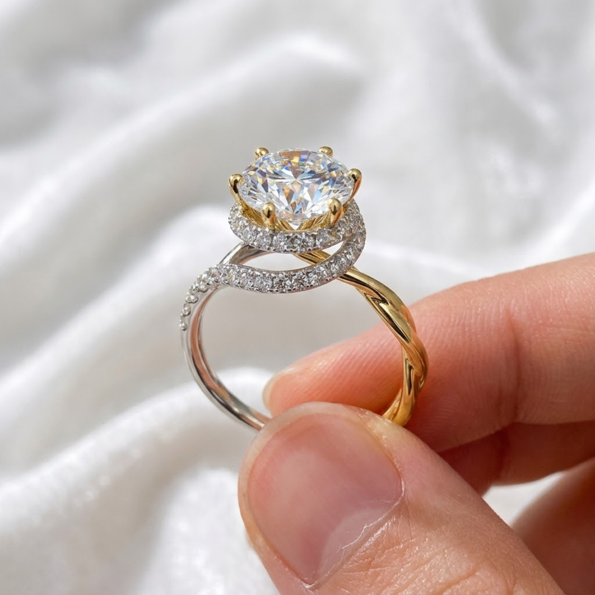 Round Cut Diamond Hidden Halo Twist Engagement Ring