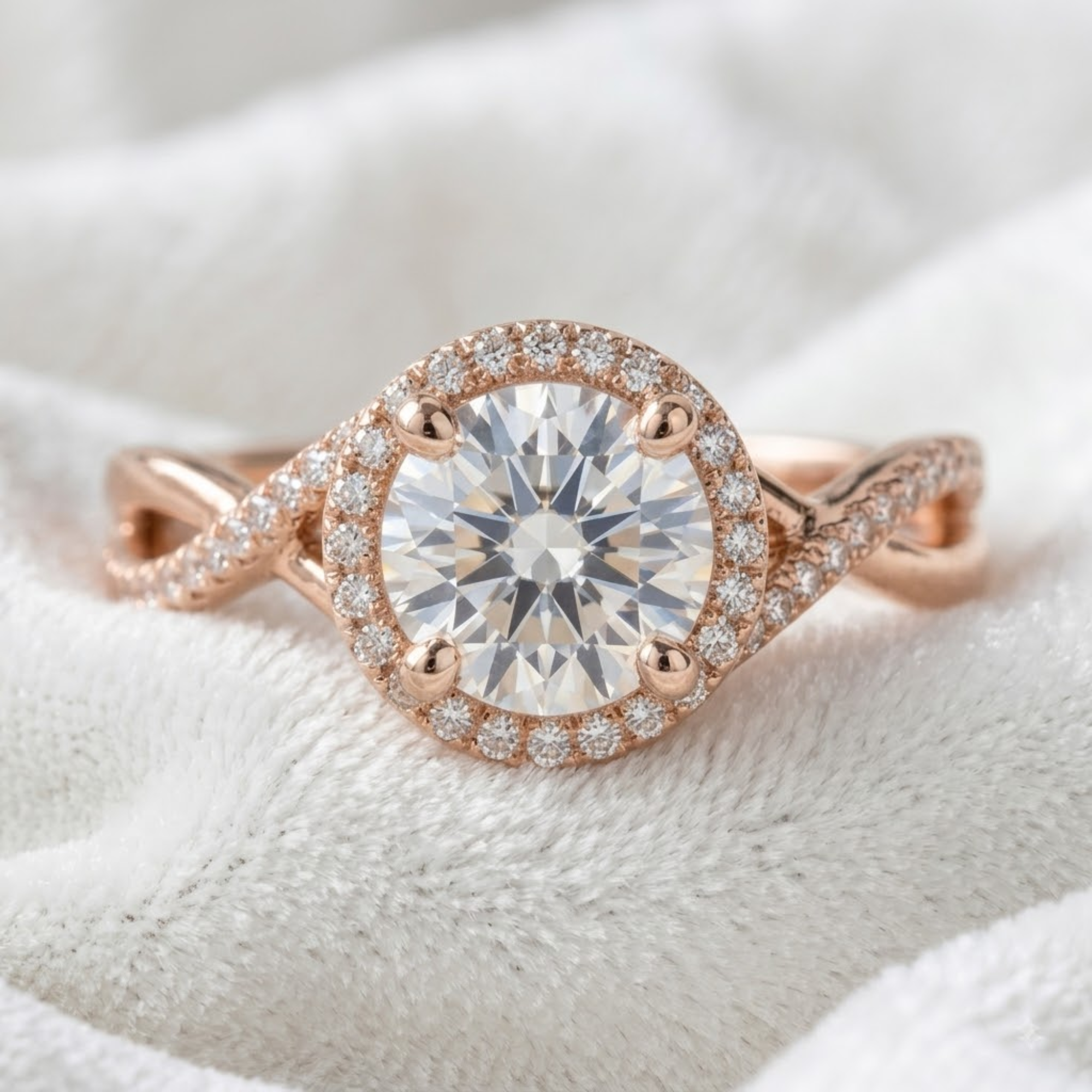 Round Diamond Halo Engagement Ring, Infinity Twist Ring in 14K Solid Gold