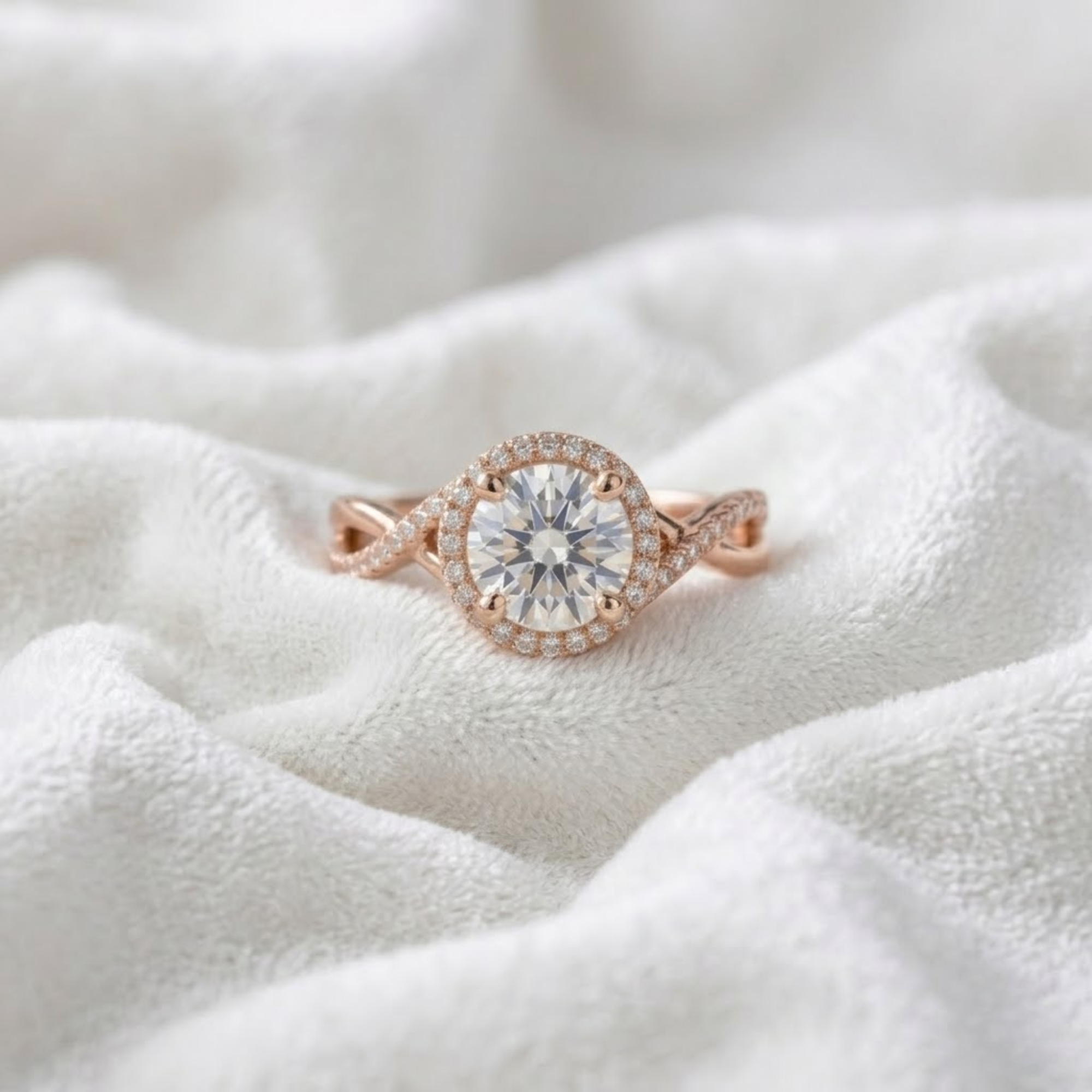 Round Diamond Halo Engagement Ring, Infinity Twist Ring in 14K Solid Gold