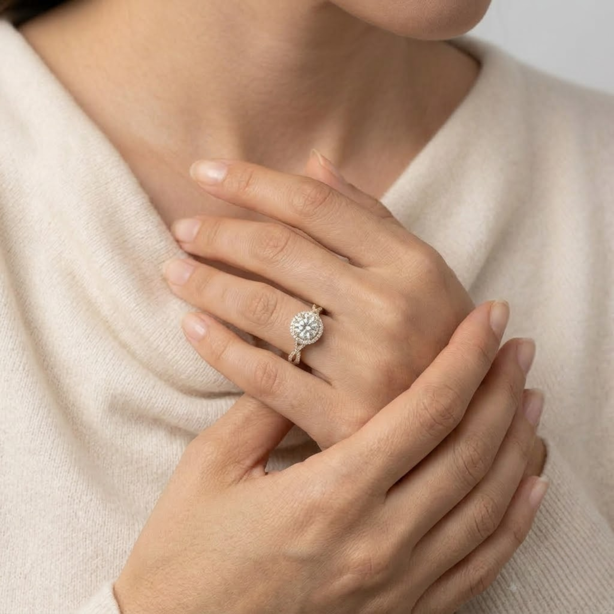 Round Cut Diamond Hidden Halo Twist Engagement Ring