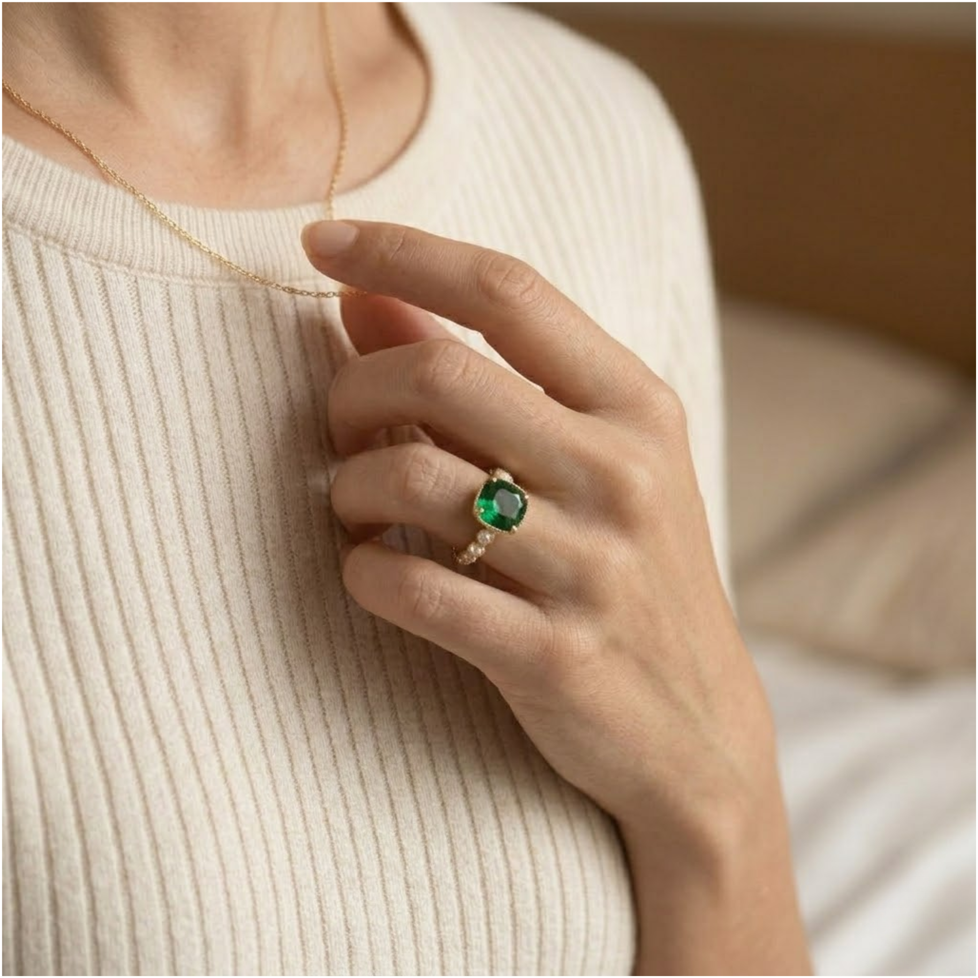 Cushion Cut Emerald Ring with Diamond Accents, 14K Solid Gold Engagement Ring