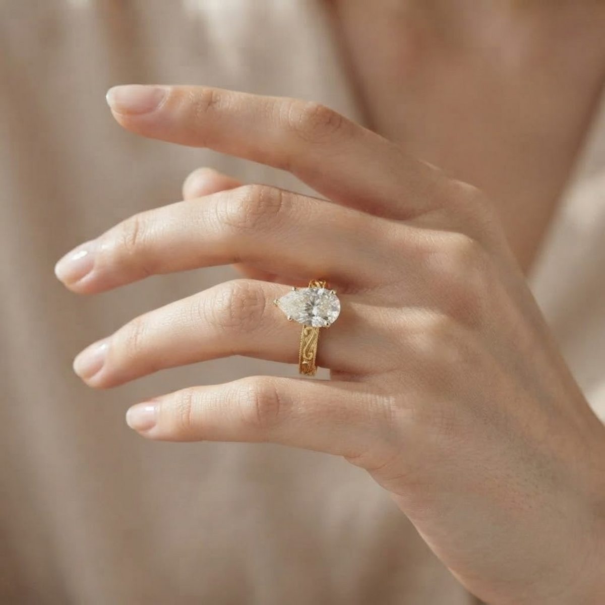 Pear Cut Lab Vintage Diamond Engagement Ring