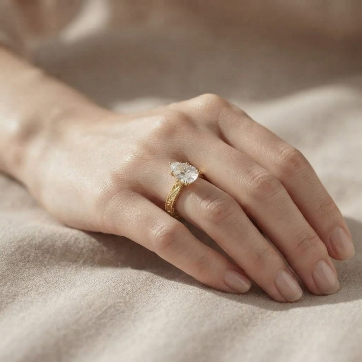 Pear Cut Lab Vintage Diamond Engagement Ring