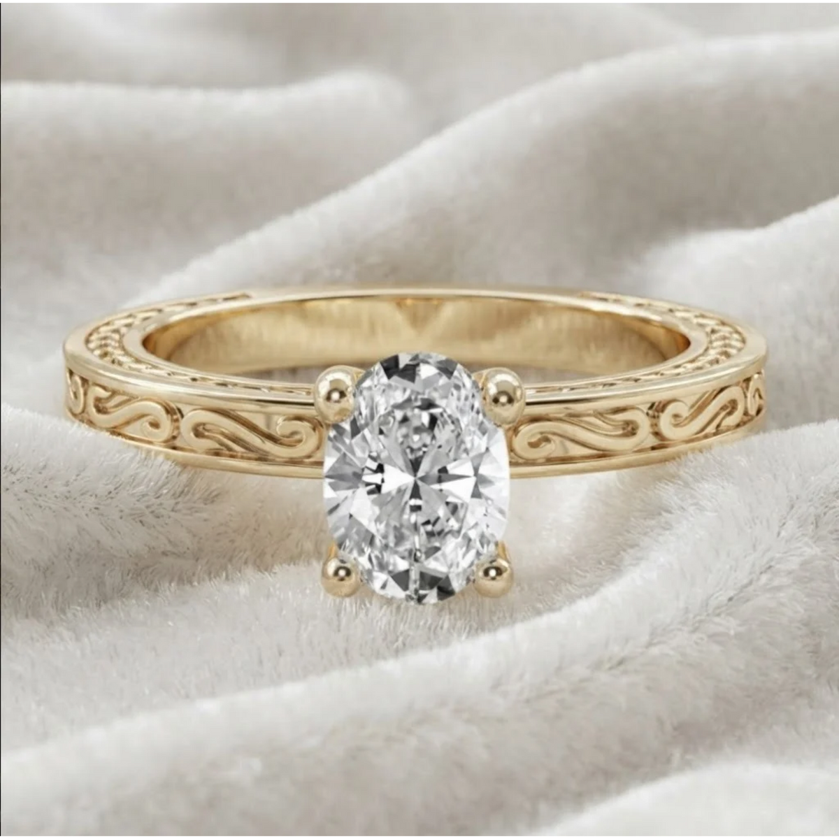 14K Art Déco Filigran Oval Laborgezüchteter Solitärring