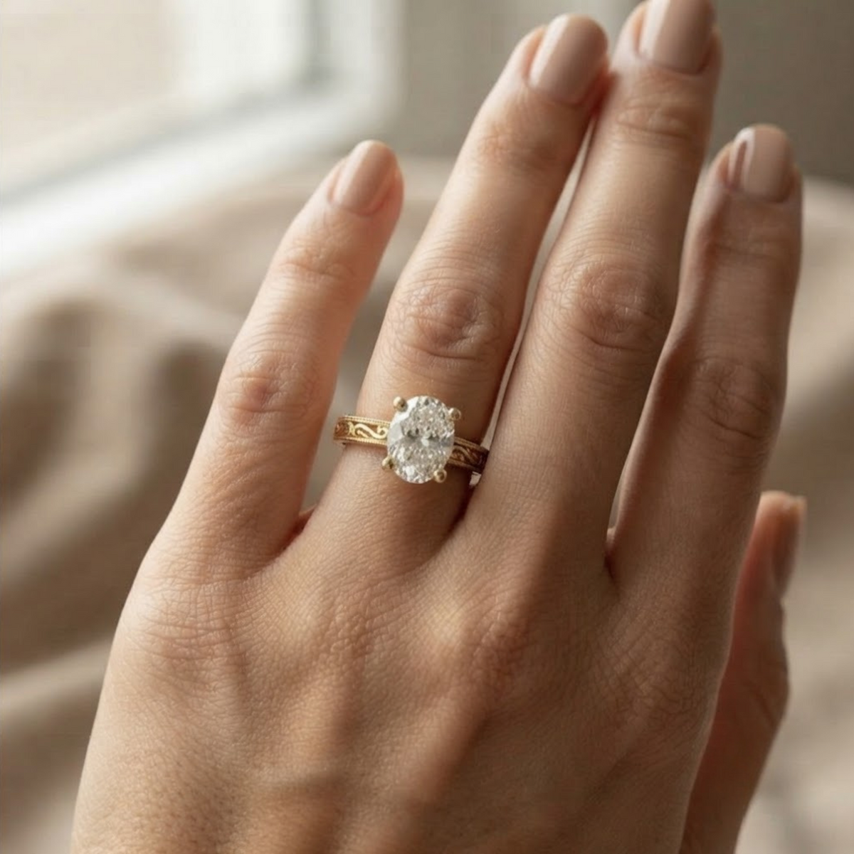 14K Art Déco Filigran Oval Laborgezüchteter Solitärring