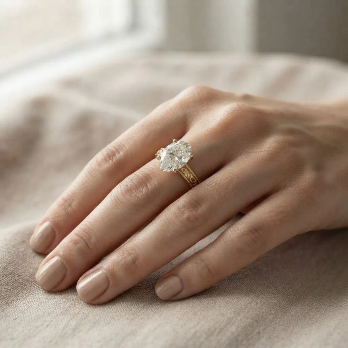 14K Art Déco Filigran Oval Laborgezüchteter Solitärring