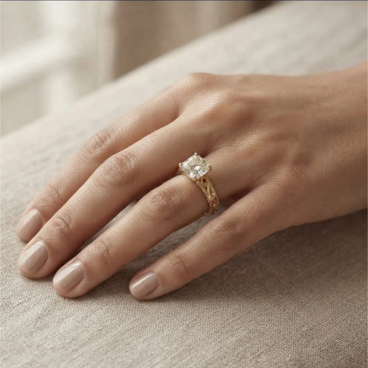 Vintage Engagement Ring hand engraved ring