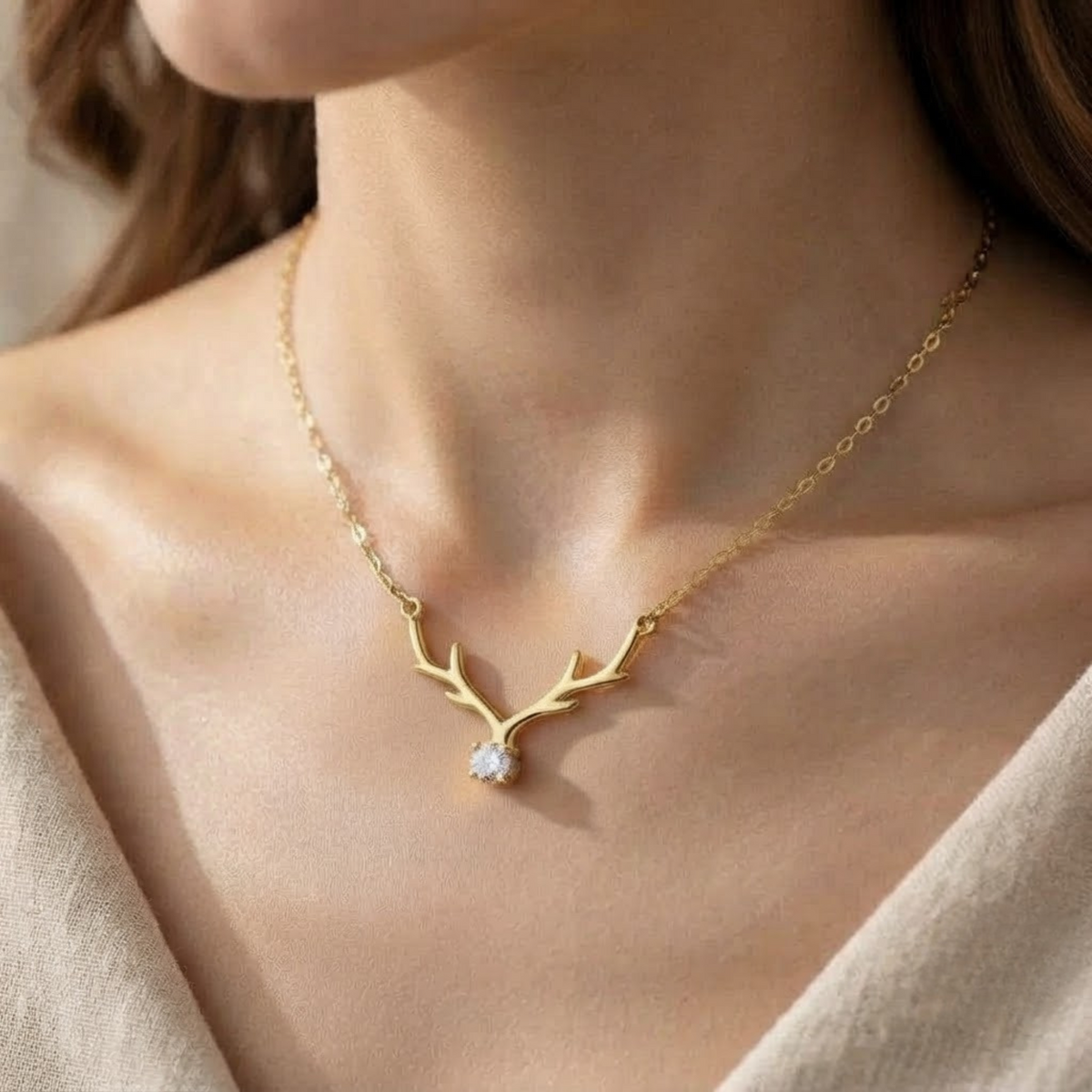 Diamond Deer Antler Pendant Necklace
