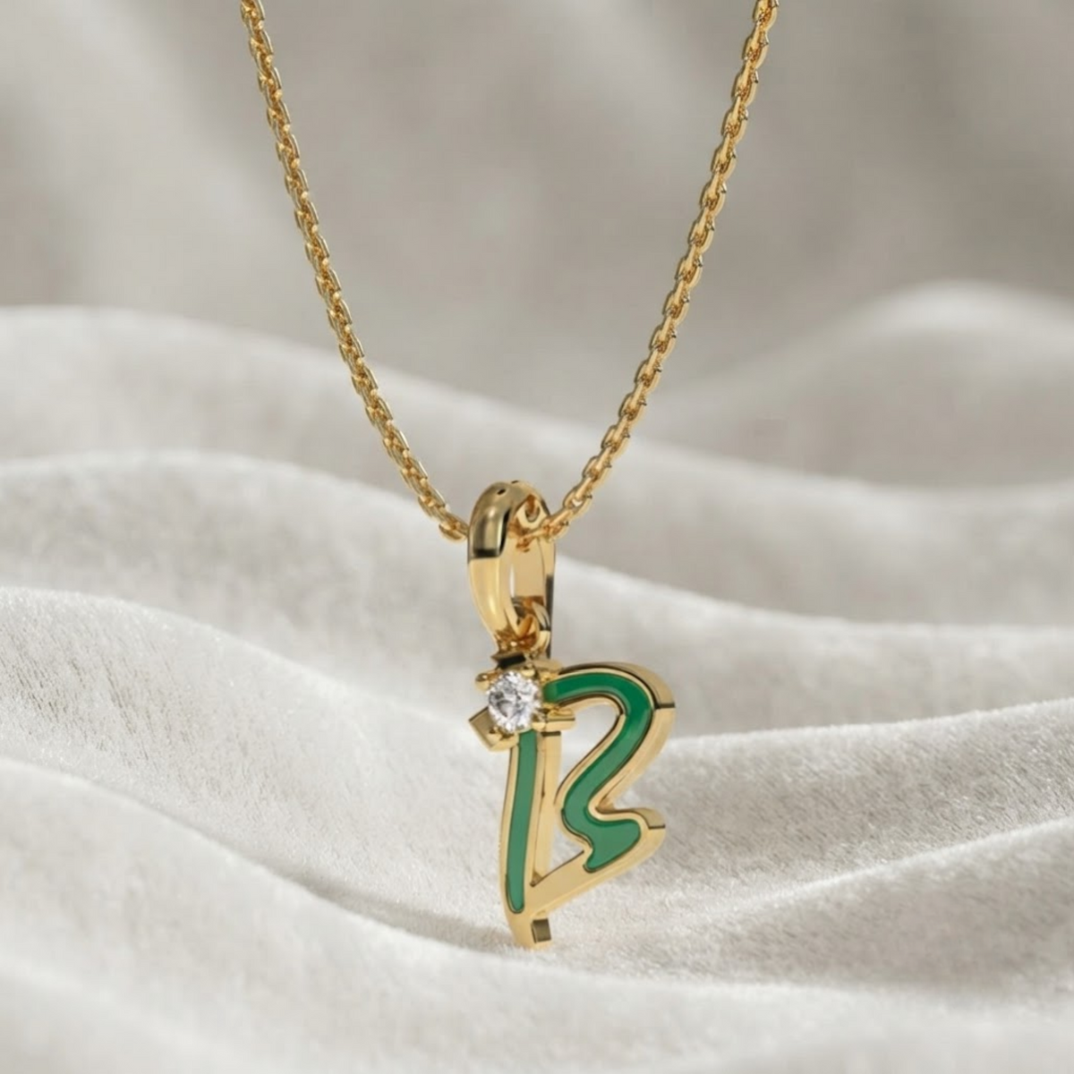 Green Enamel Letter Charms, "B" Diamond Letter Pendant