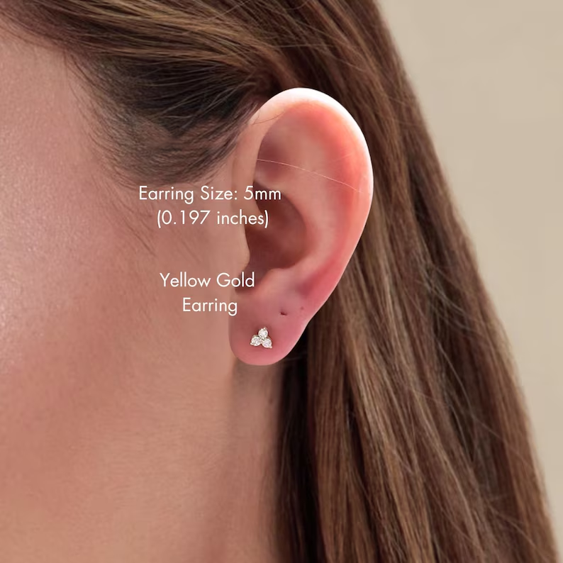 14K Gold Round Cut Diamond Trio Tiny Stud Earrings / Simple Three Stone Cluster Earring