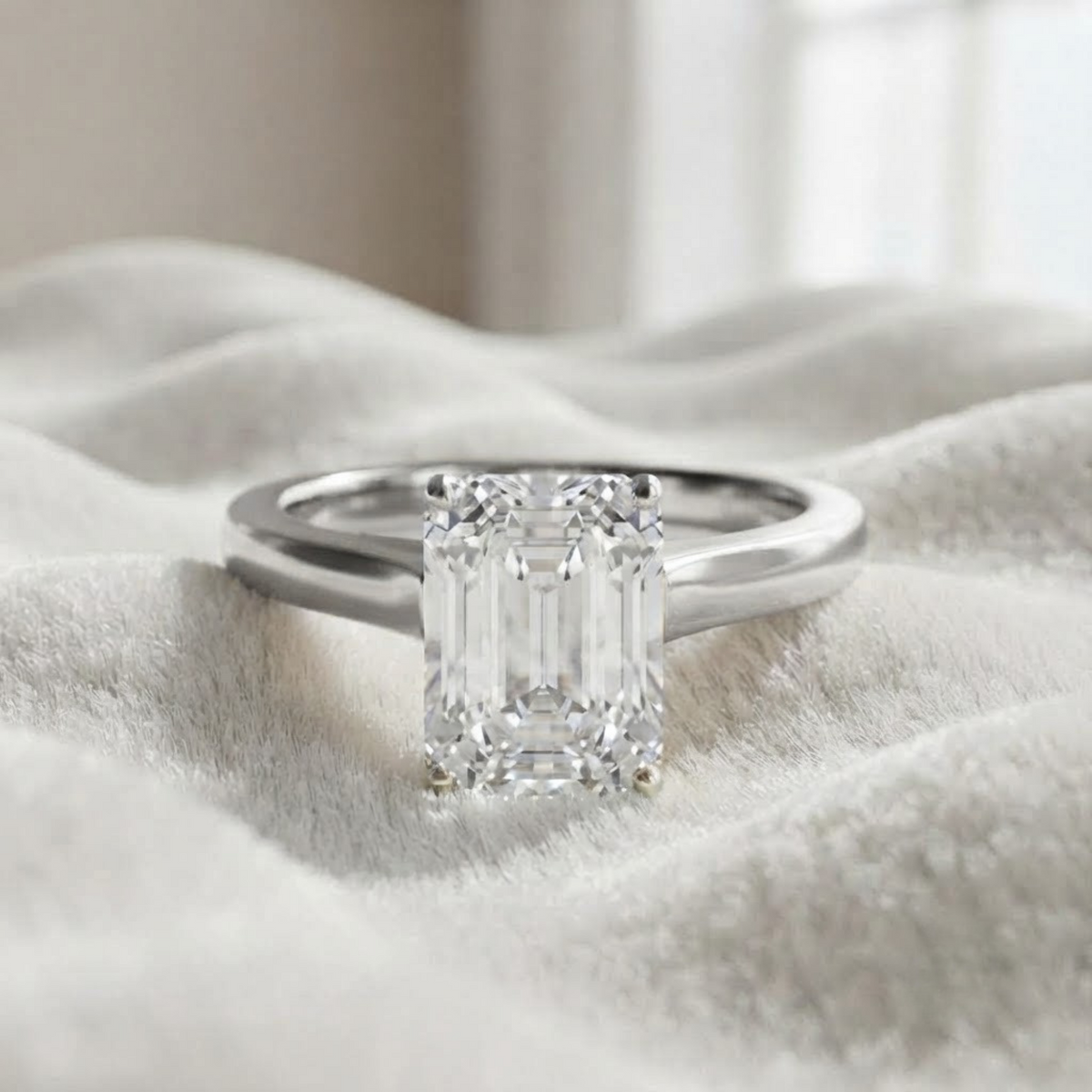 Emerald Cut Lab Grown Diamond Tulip Setting Wedding Ring
