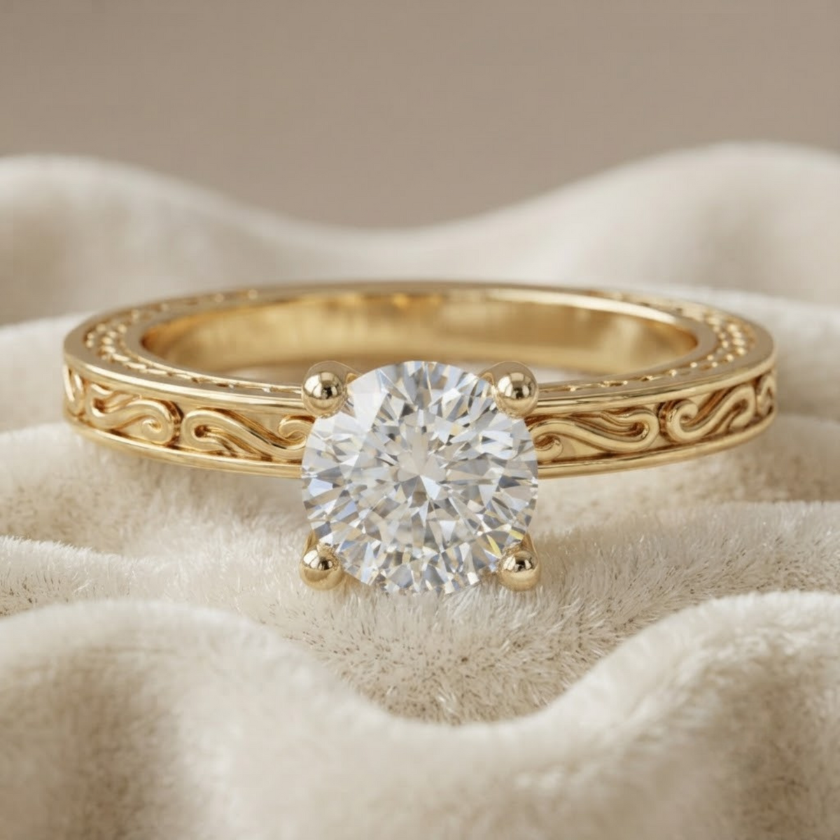 Engraved Round Brilliant Cut Diamond Engagement Ring