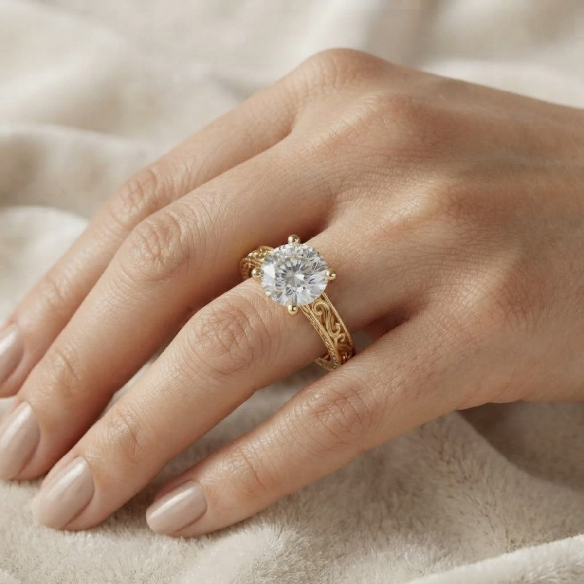 Engraved Round Brilliant Cut Diamond Engagement Ring