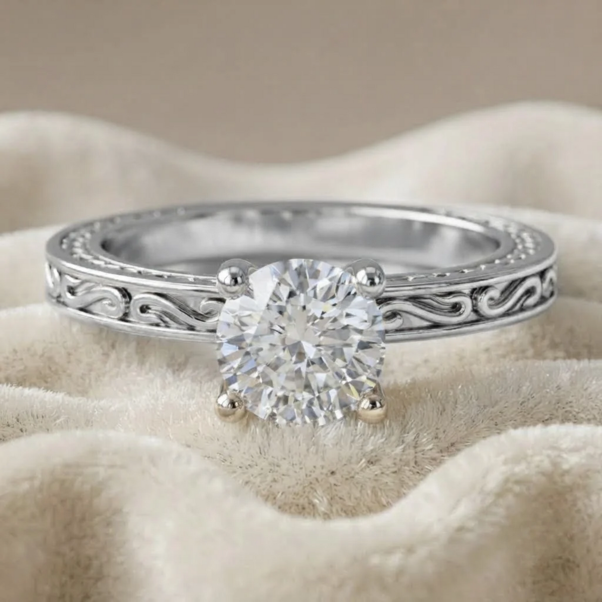 Engraved Round Brilliant Cut Diamond Engagement Ring