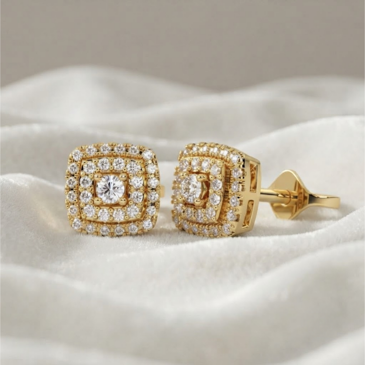 Double Halo Diamond Stud Round Diamond Earrings