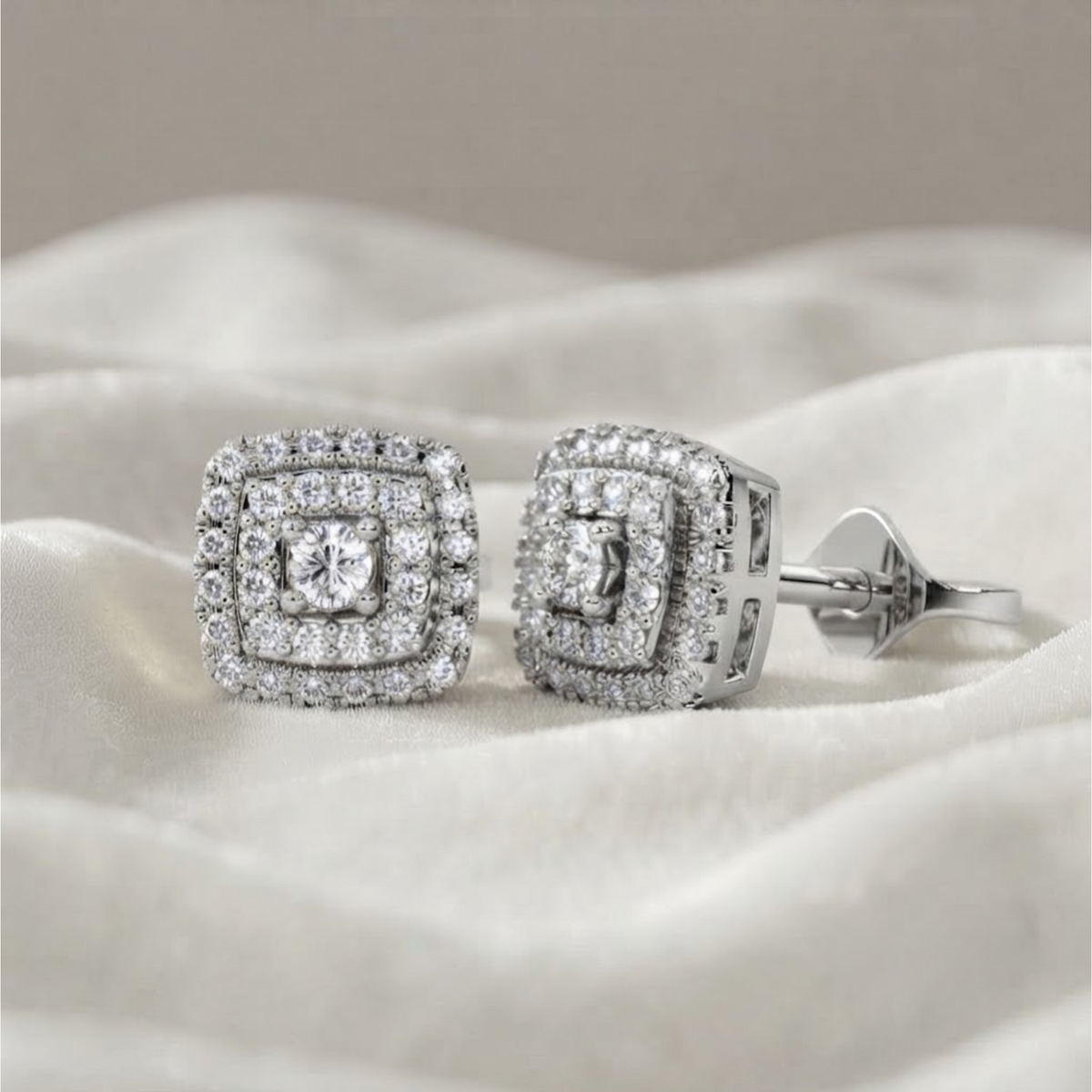 Double Halo Diamond Stud Round Diamond Earrings