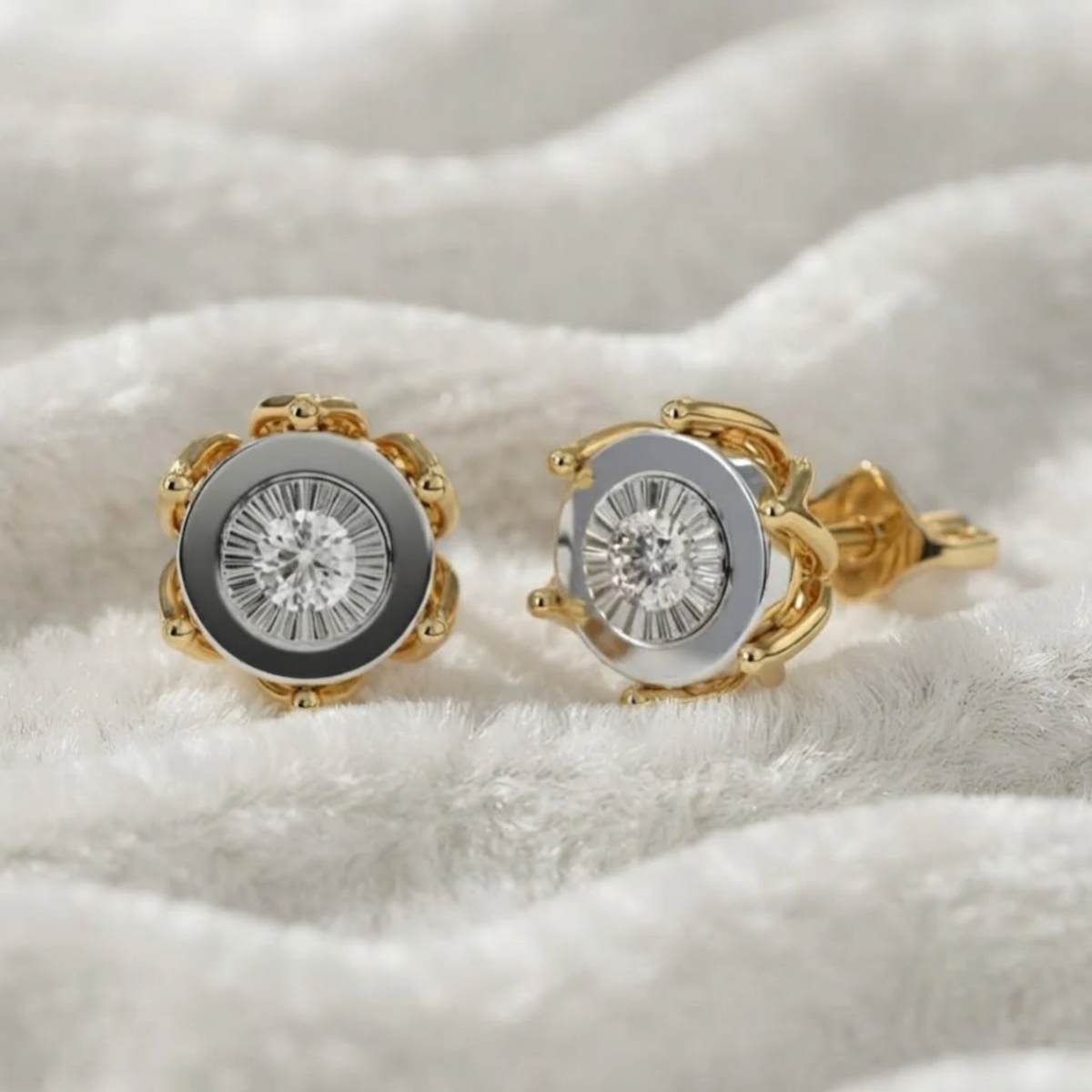 Round Cut Diamond Bezel Set Stud Gold Earrings