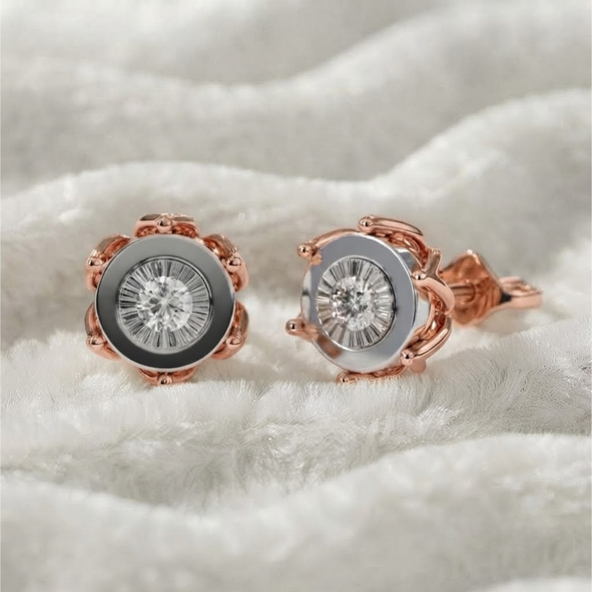 Round Cut Diamond Bezel Set Stud Gold Earrings