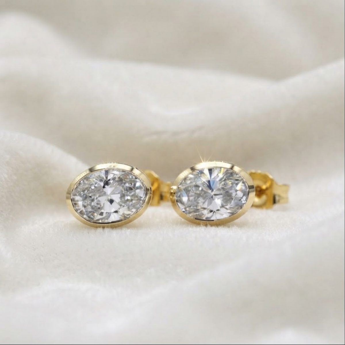 Handcrafted Bezel Set Oval Diamond Studs Earrings