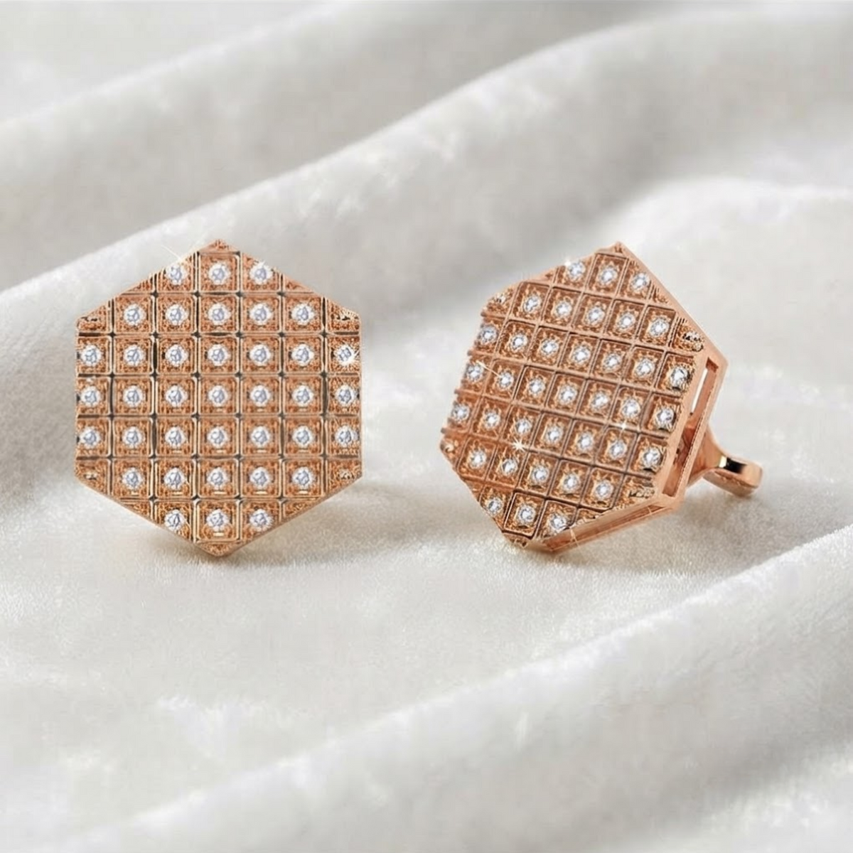 Hexagon Halo Round Diamonds Stud Earrings