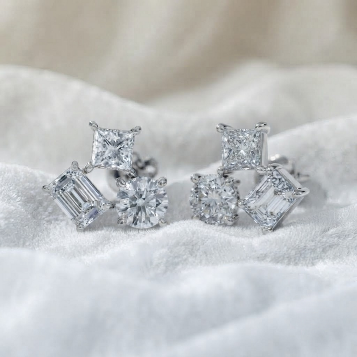 Three Stone Multi Shape Lab Grown Dainty Stud Earrings