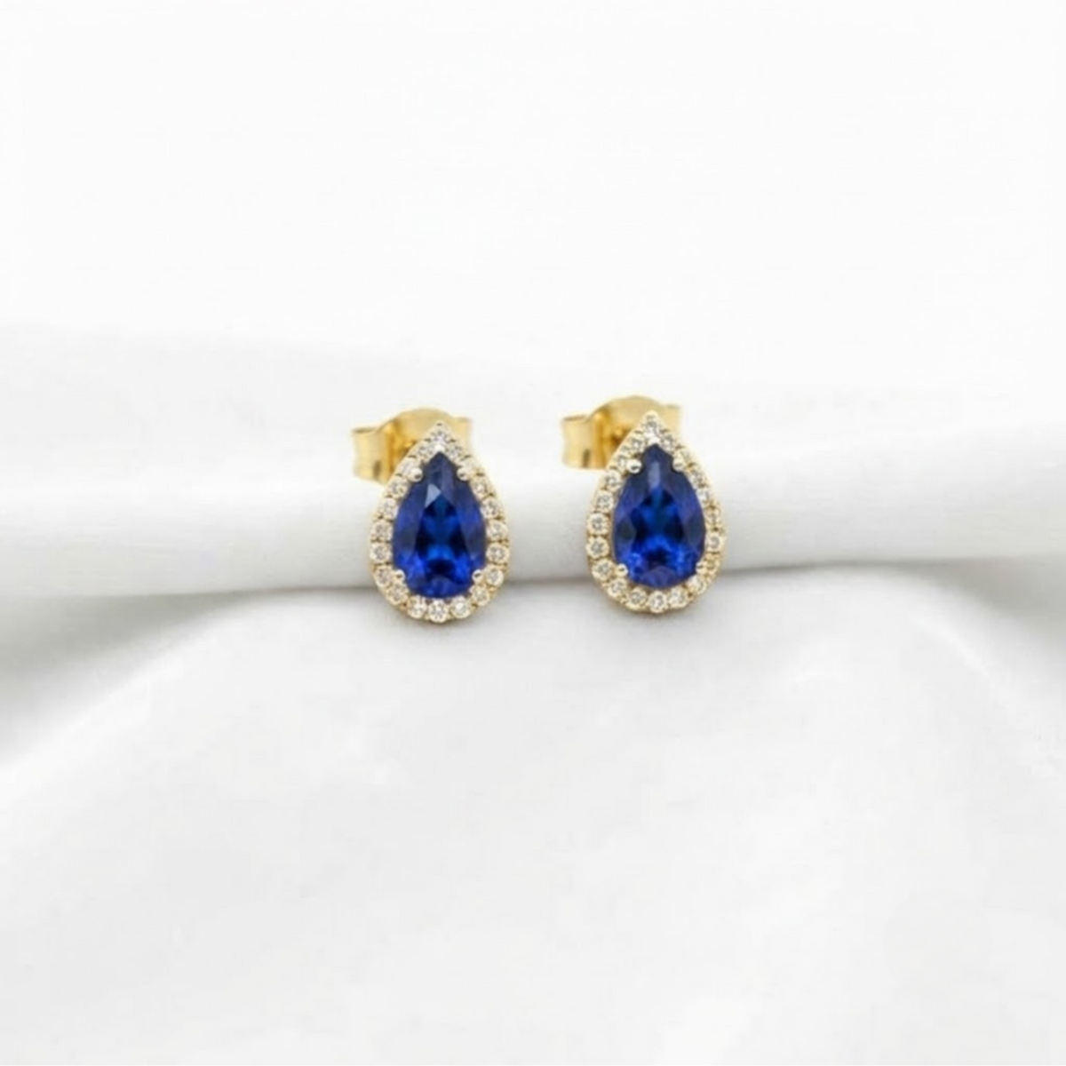 Gold Pear Sapphire Earrings, Blue Stud Earrings.