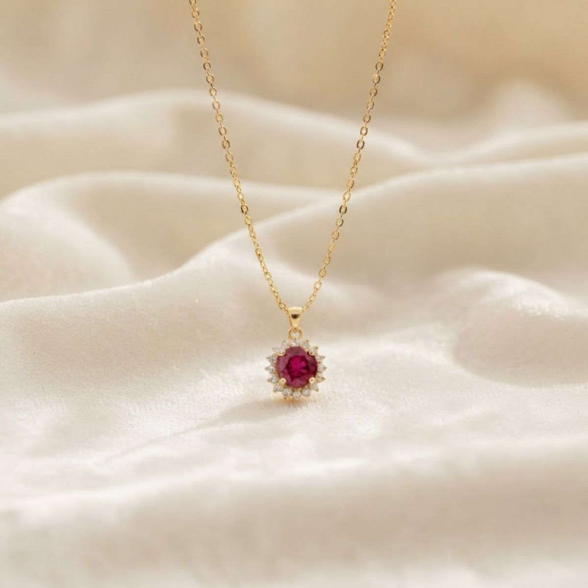 Red Ruby Pendant with Round Diamond for Woman