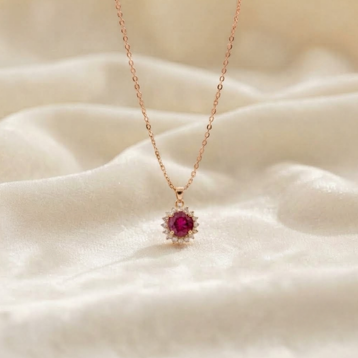 Red Ruby Pendant with Round Diamond for Woman