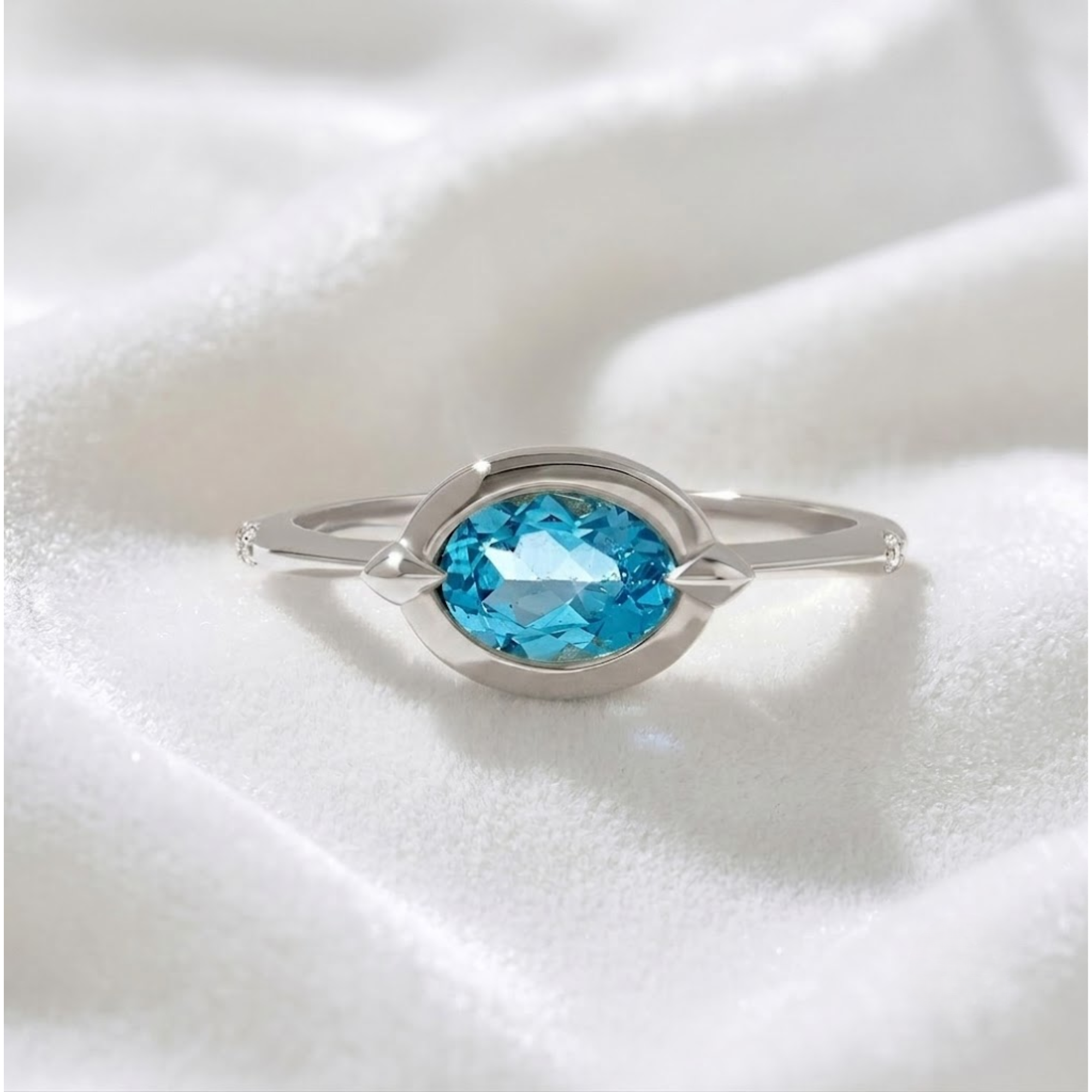 14k Massivgold Oval Lünette Solitär Chunky Blauer Topas Jubiläumsring