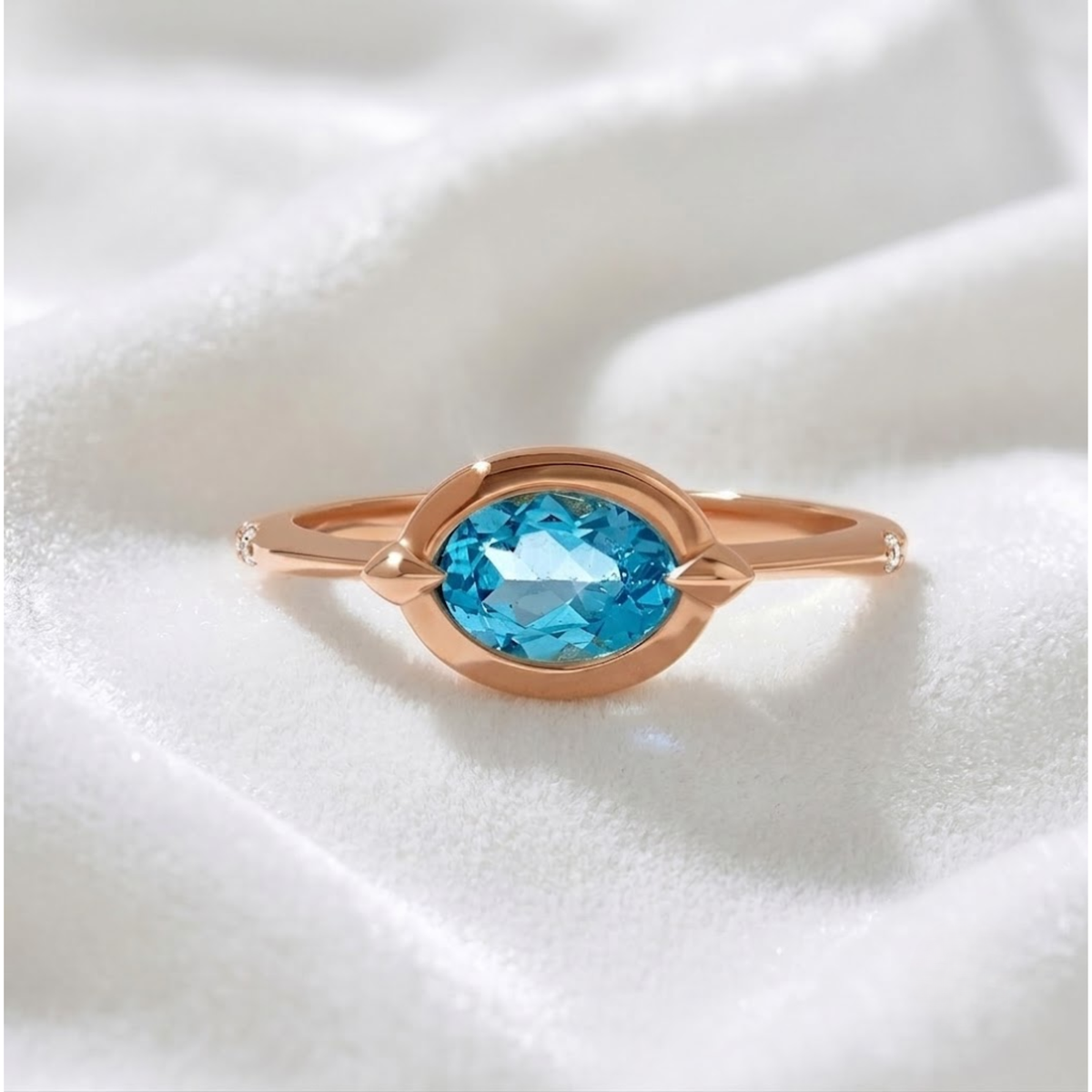 14k Massivgold Oval Lünette Solitär Chunky Blauer Topas Jubiläumsring