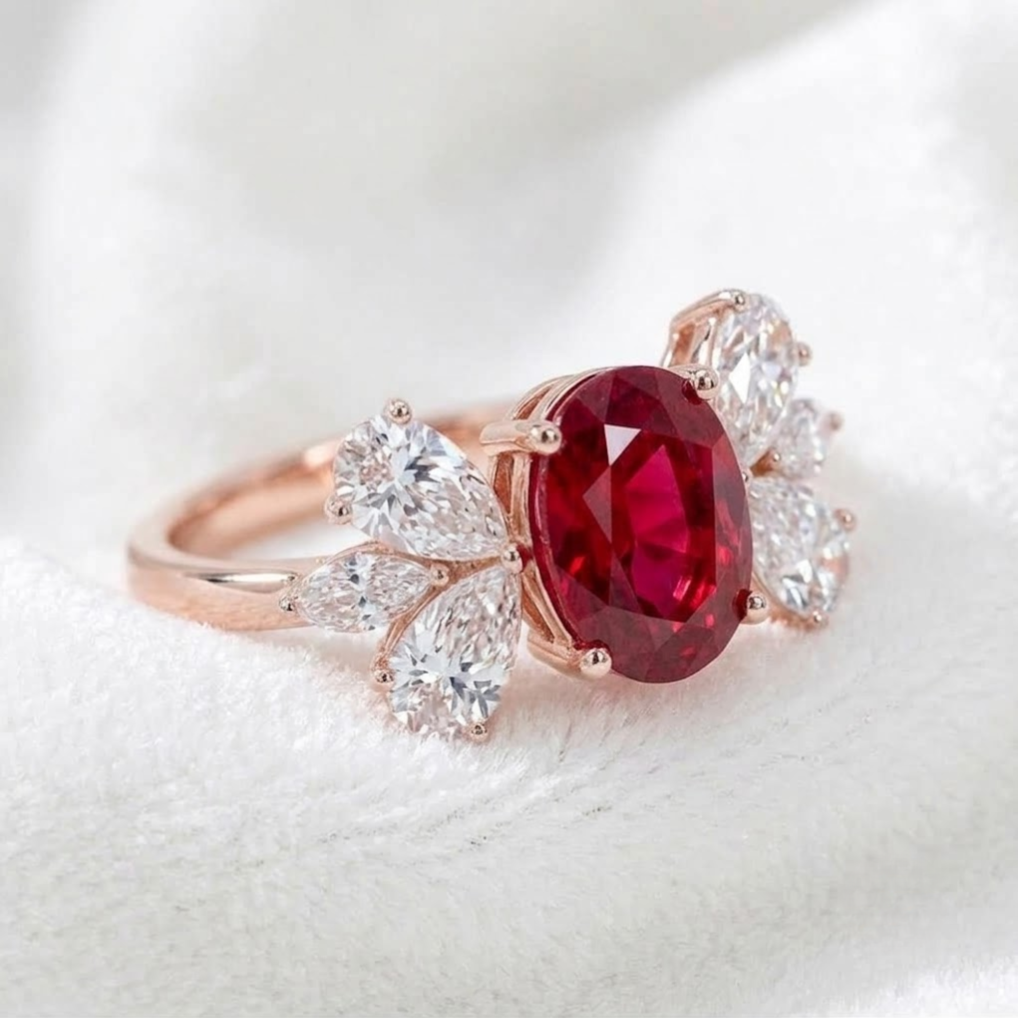 14k Gold Juli Geburtsstein Rubin oval geschliffener Labordiamantring.