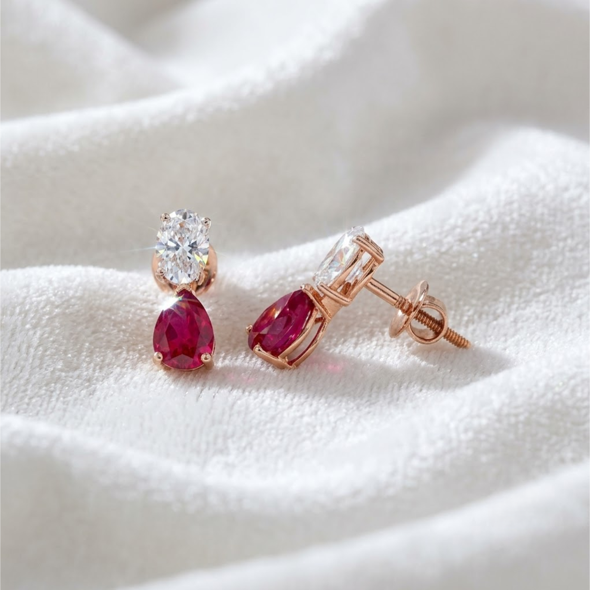 Diamond Teardrop Ruby Stud July Birthstone Earrings