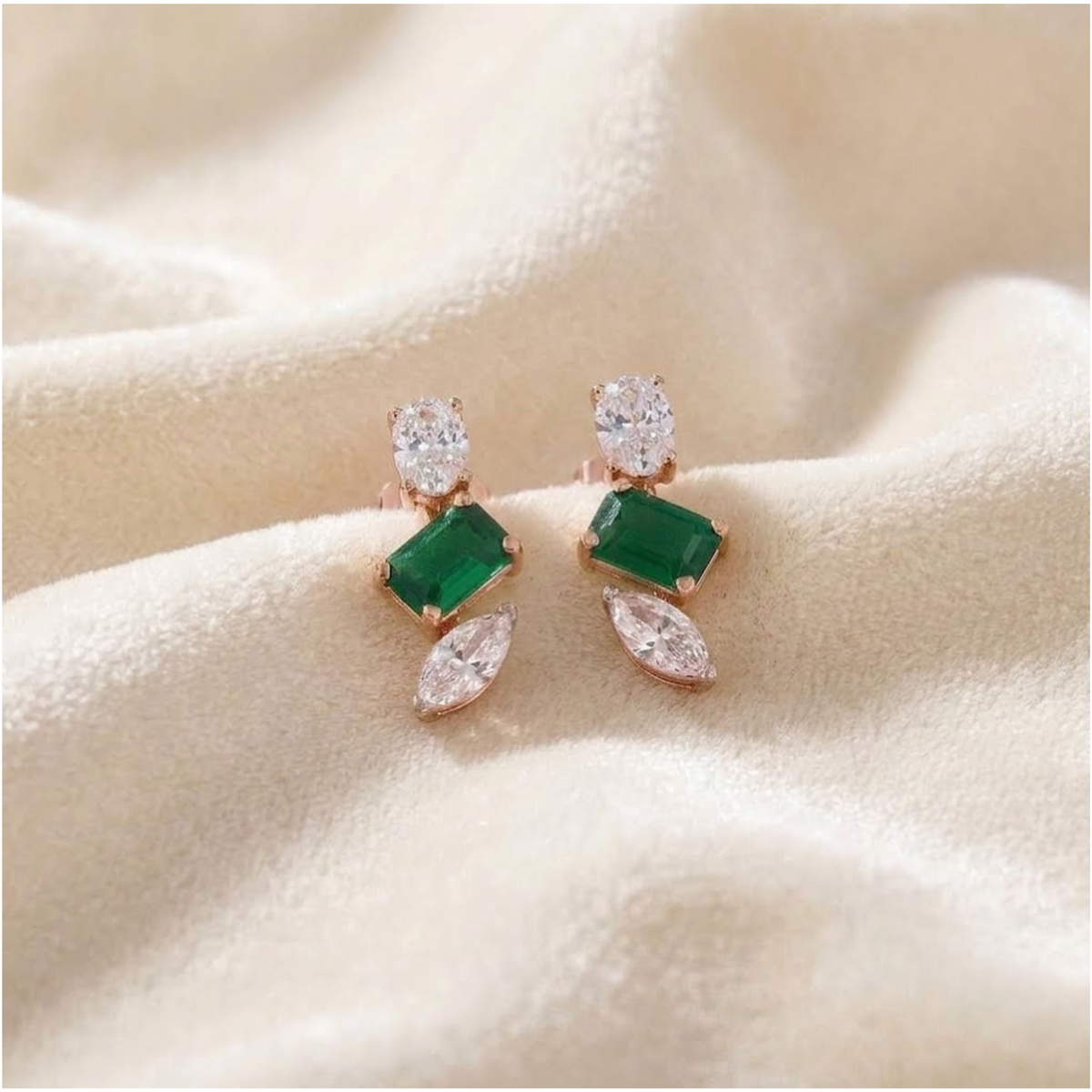 Emerald Green Gemstone Drop Studs Earrings
