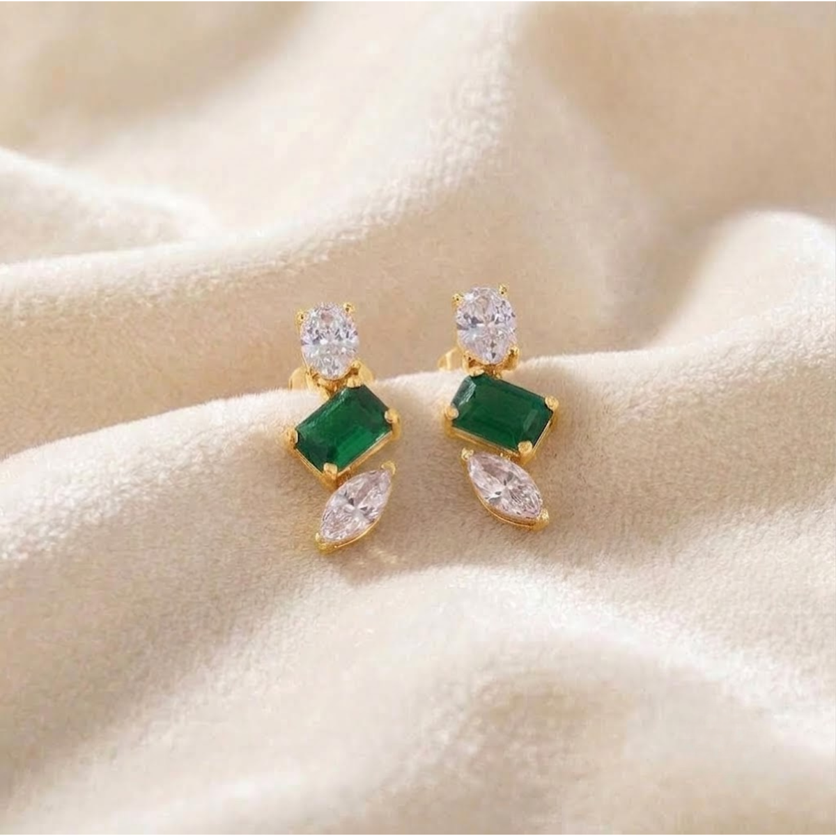 Emerald Green Gemstone Drop Studs Earrings