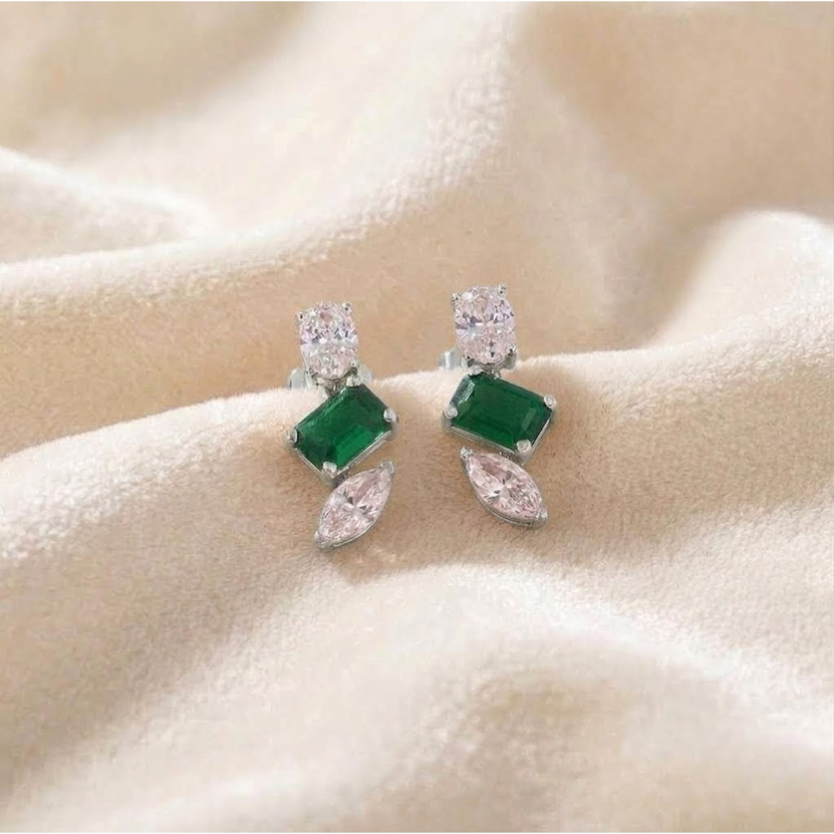 Emerald Green Gemstone Drop Studs Earrings