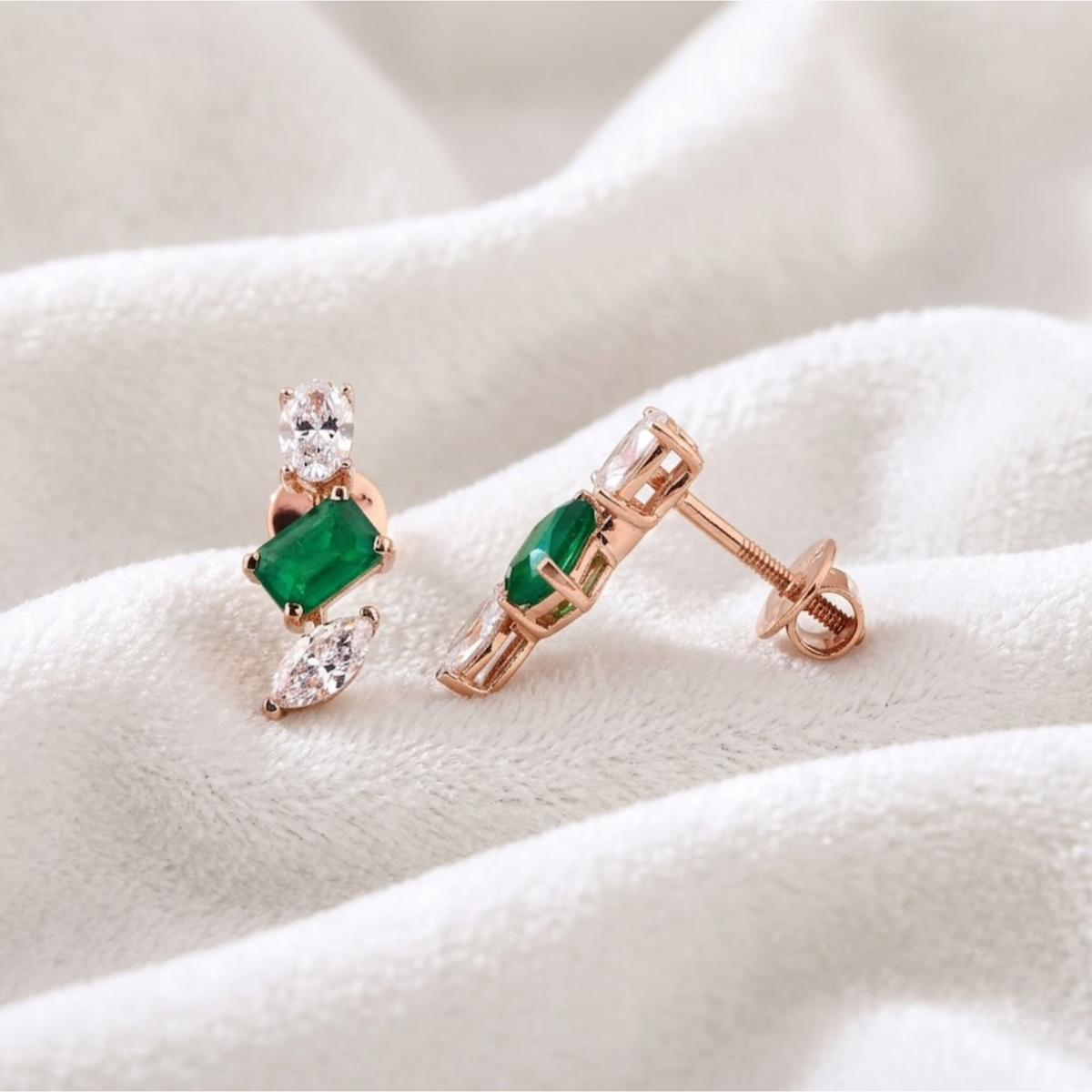 Emerald Green Gemstone Drop Studs Earrings