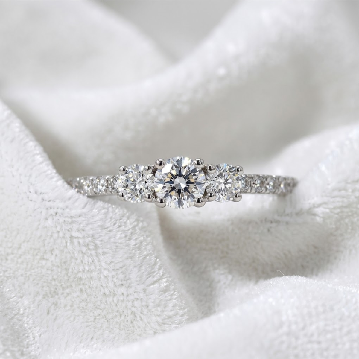 3 Stone Round Cut Pave Set Engagement Ring