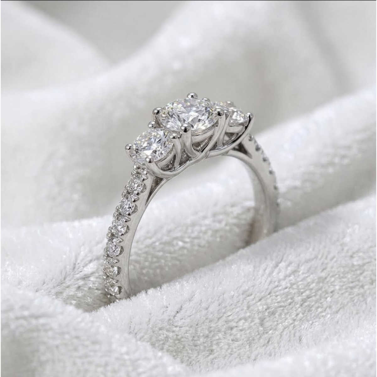 3 Stone Round Cut Pave Set Engagement Ring