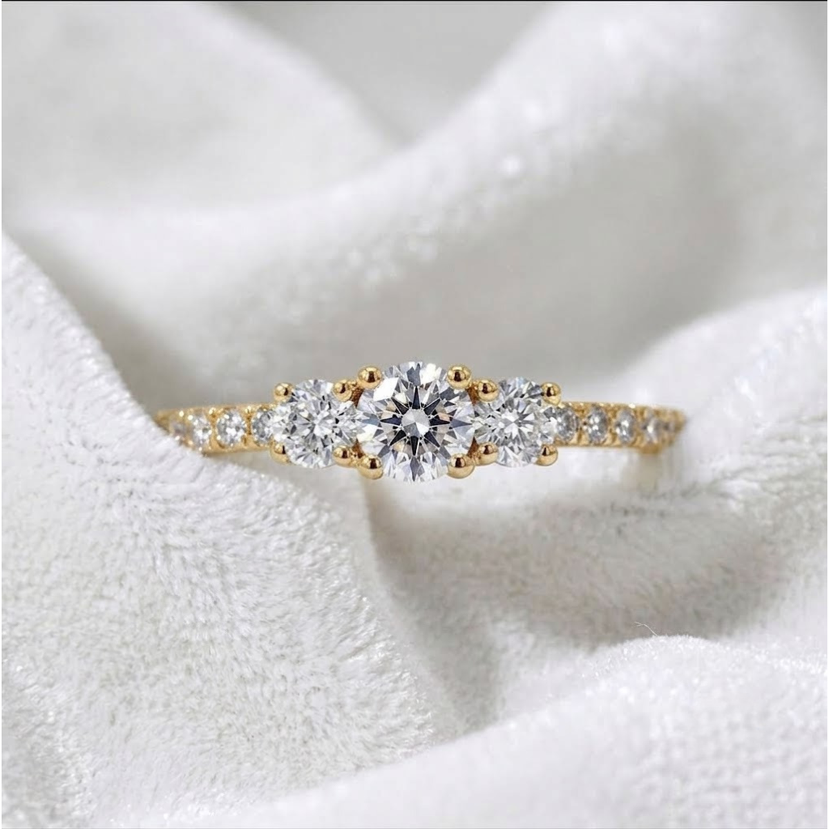 3 Stone Round Cut Pave Set Engagement Ring