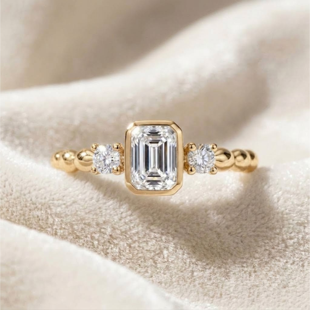 Gold Emerald Cut Halo Solitaire Engagement Ring