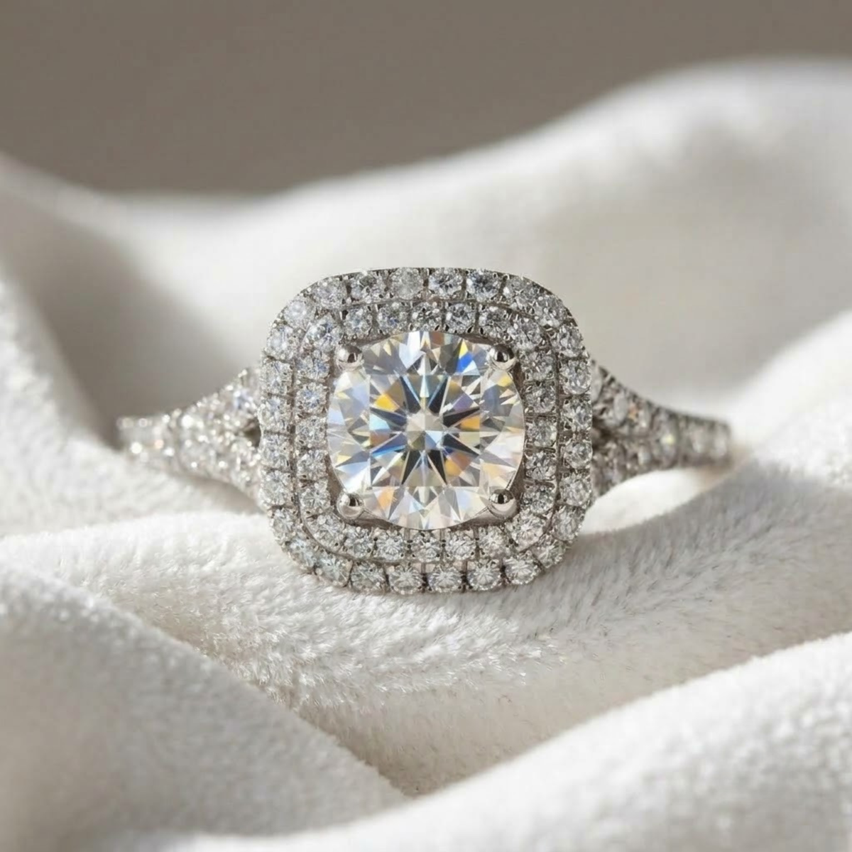Cushion Cut Solitaire Double Halo Engagement Ring