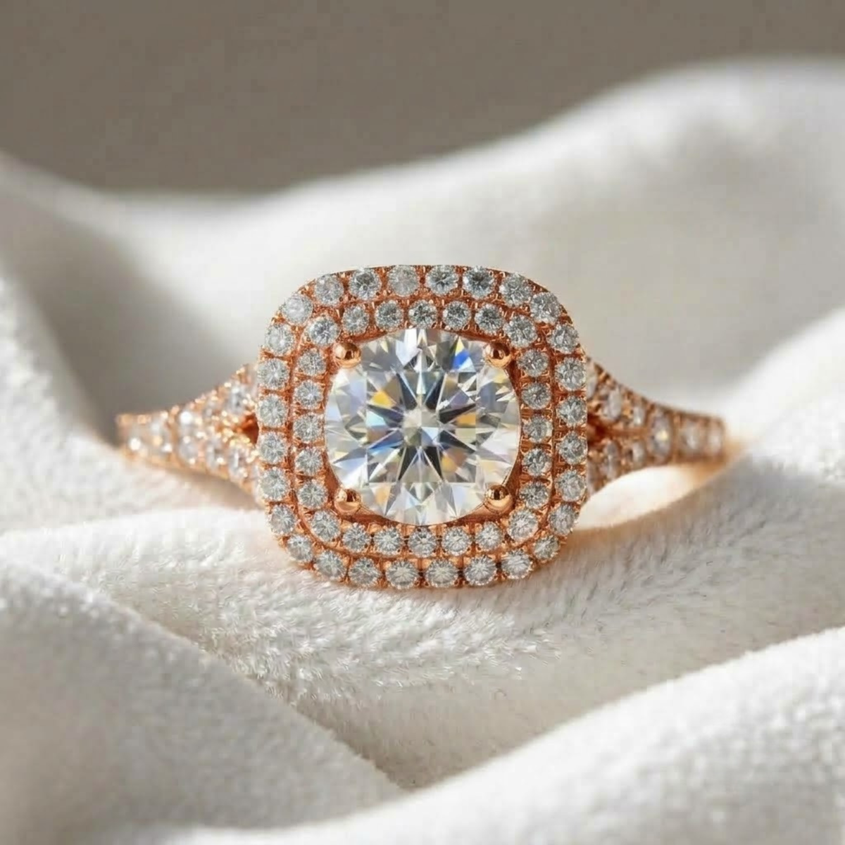 Cushion Cut Solitaire Double Halo Engagement Ring