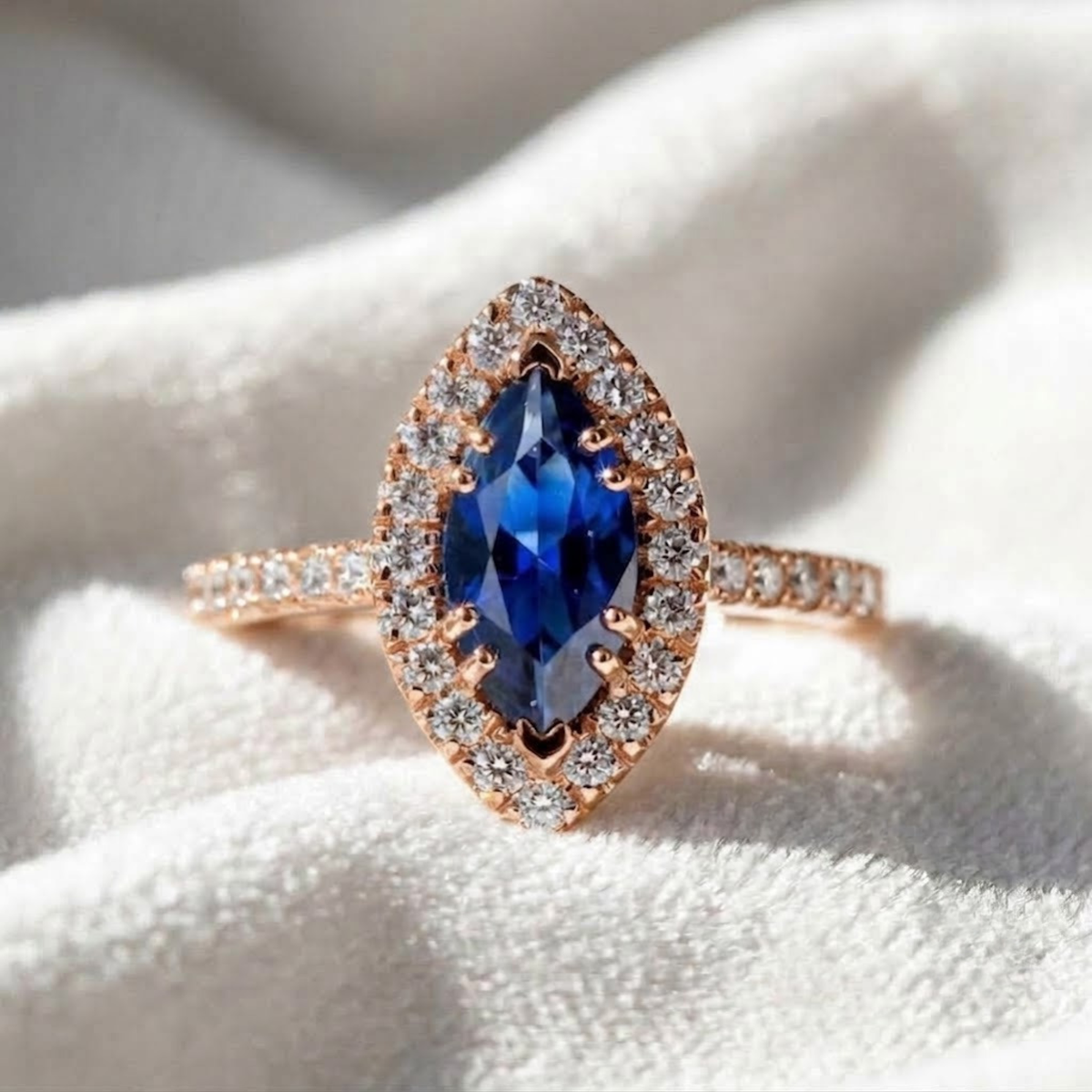 Halo Marquise Blue Sapphire Engagement Ring.