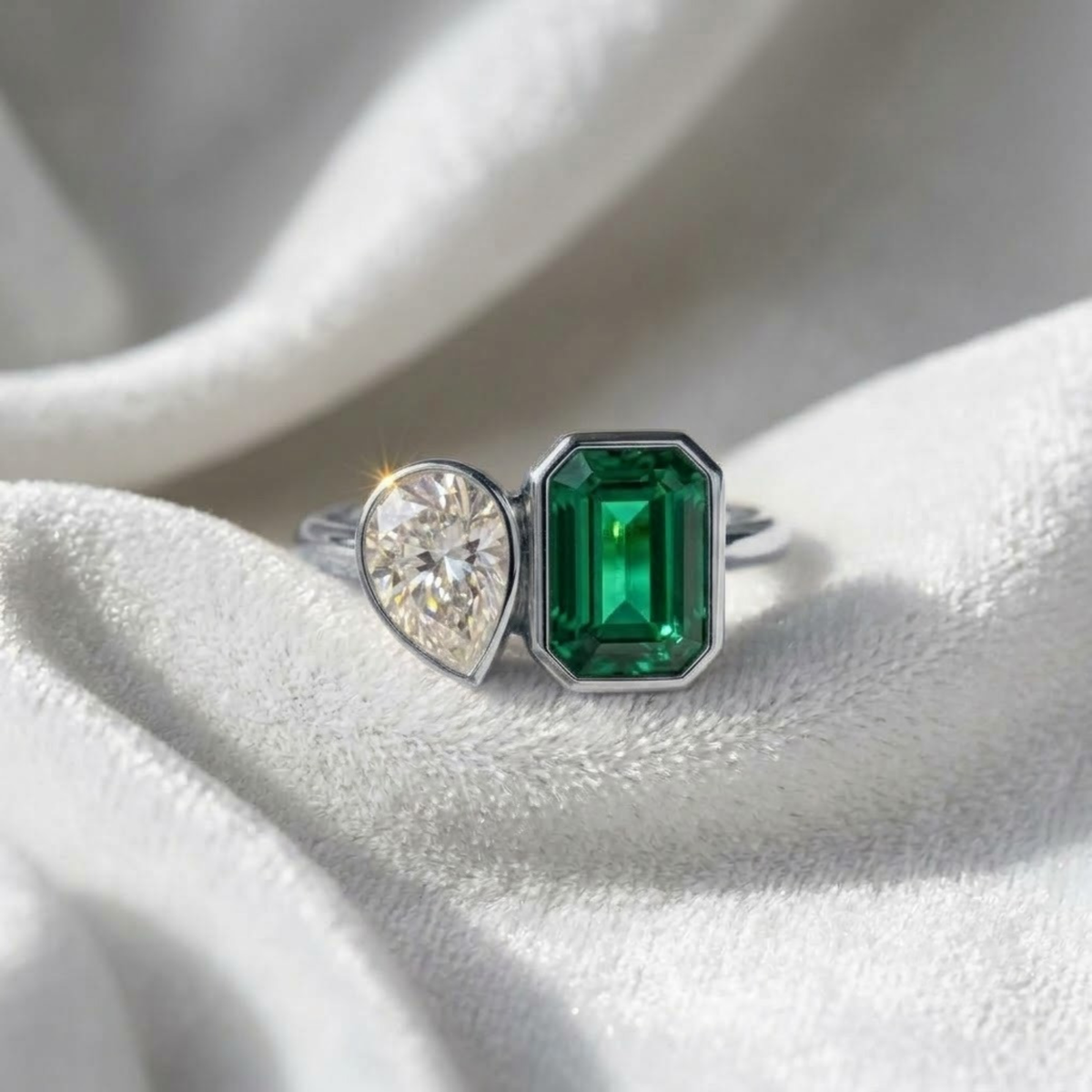 Bezel Set Lab Grown Pear & Emerald Engagement Ring