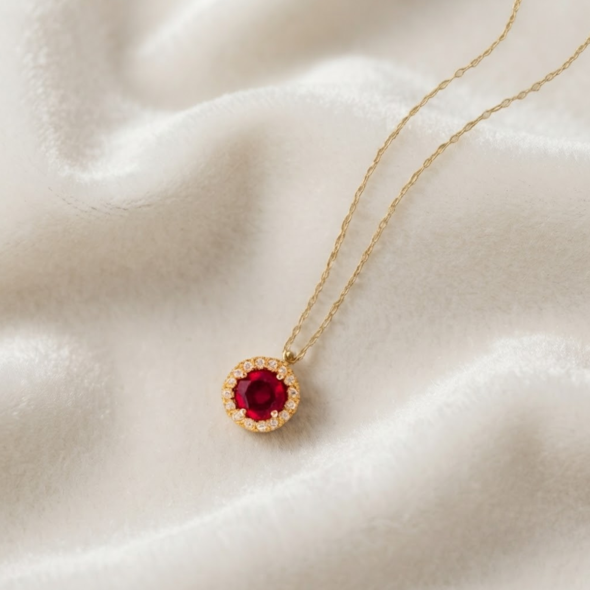 Solid Gold Diamond Ruby Halo Necklace for Women